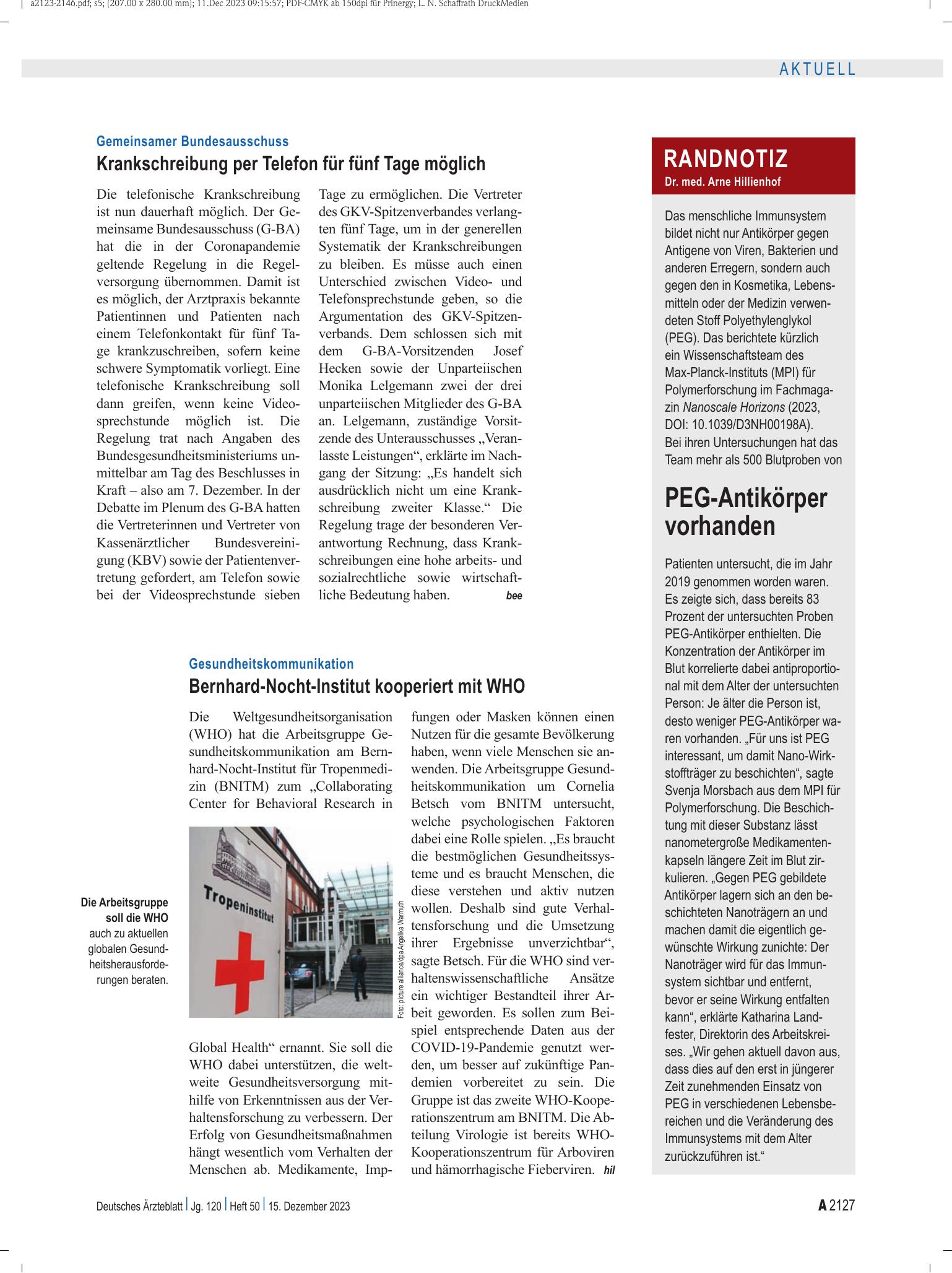 Vorschauseite 1: Randnotiz: PEG-Antikörper vorhanden – Deutsches Ärzteblatt