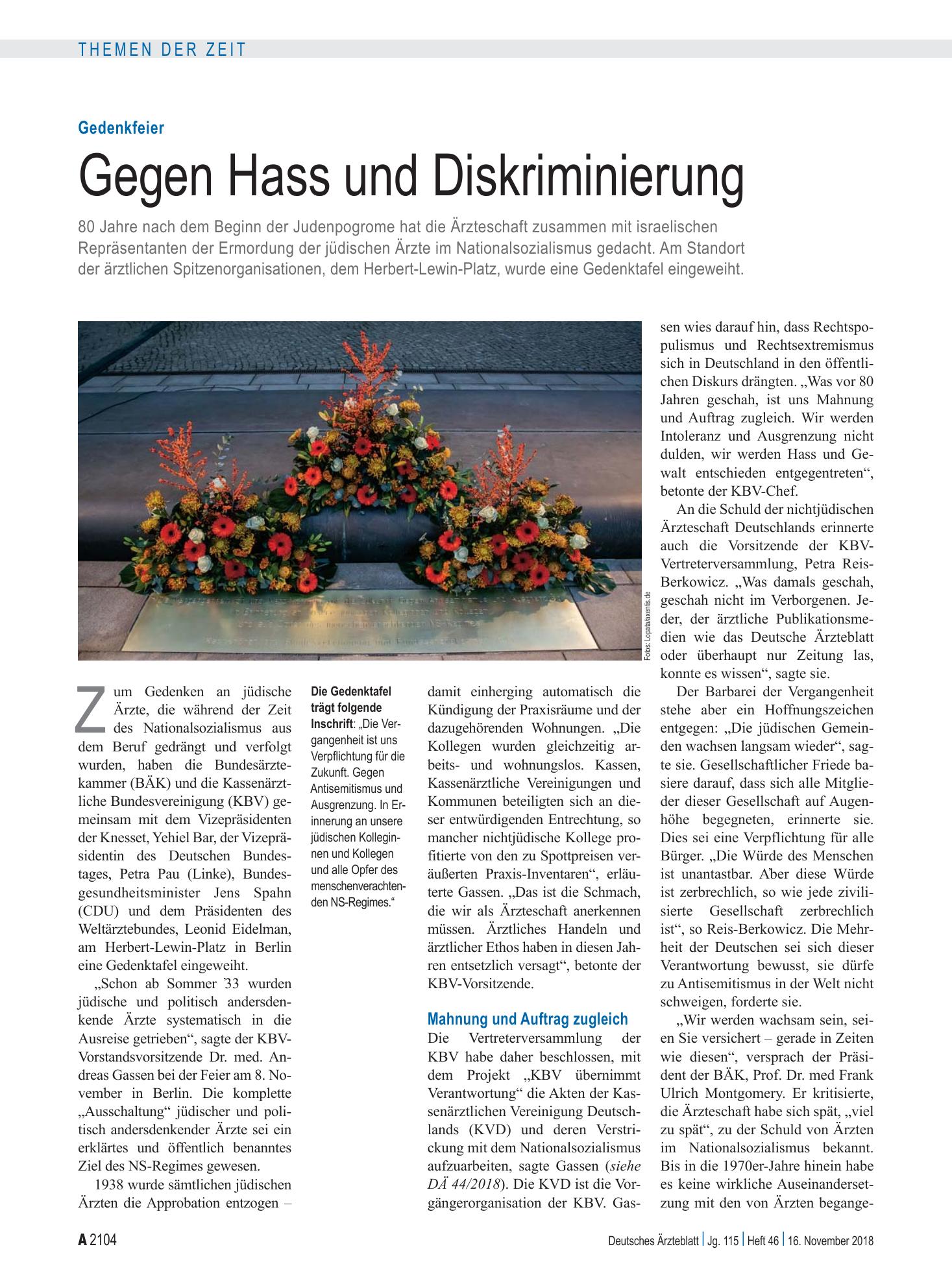Vorschauseite 1: Gedenkfeier: Gegen Hass und Diskriminierung – Deutsches Ärzteblatt