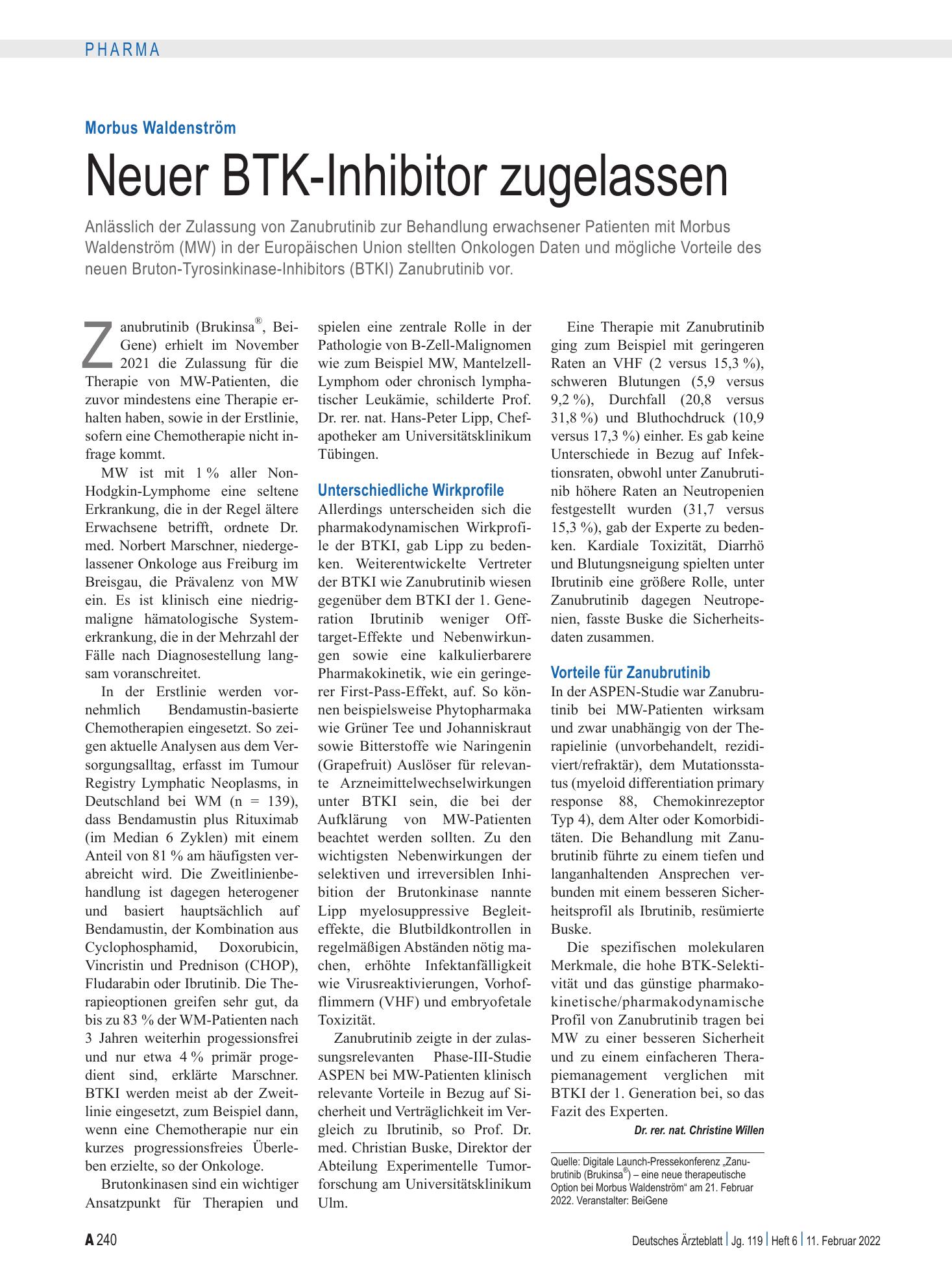 Vorschauseite 1: Morbus Waldenström: Neuer BTK-Inhibitor zugelassen – Deutsches Ärzteblatt