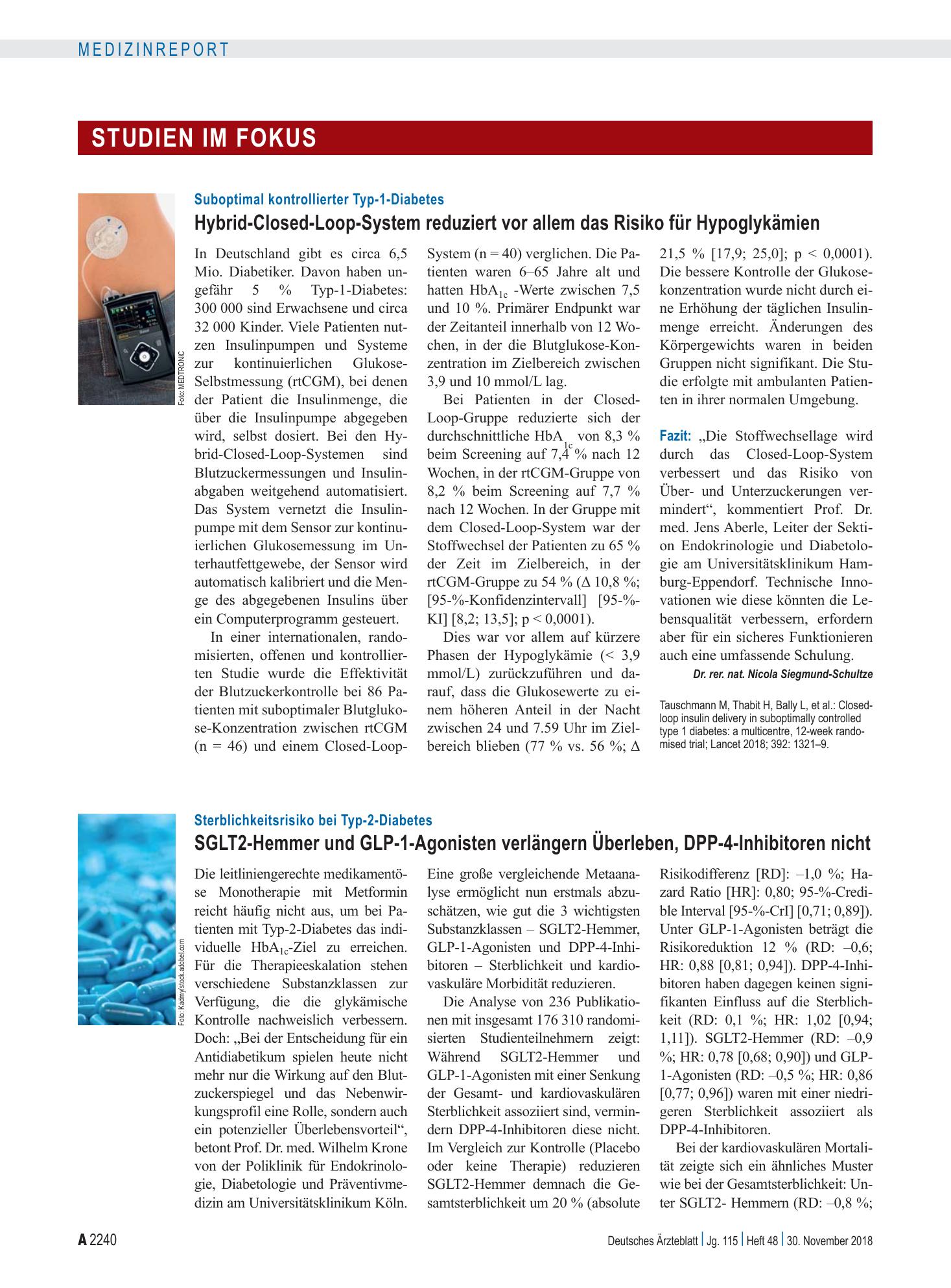 Vorschauseite 1: Suboptimal kontrollierter Typ-1-Diabetes: Hybrid-Closed-Loop-System reduziert vor allem das Risiko für Hypoglykämien – Deutsches Ärzteblatt