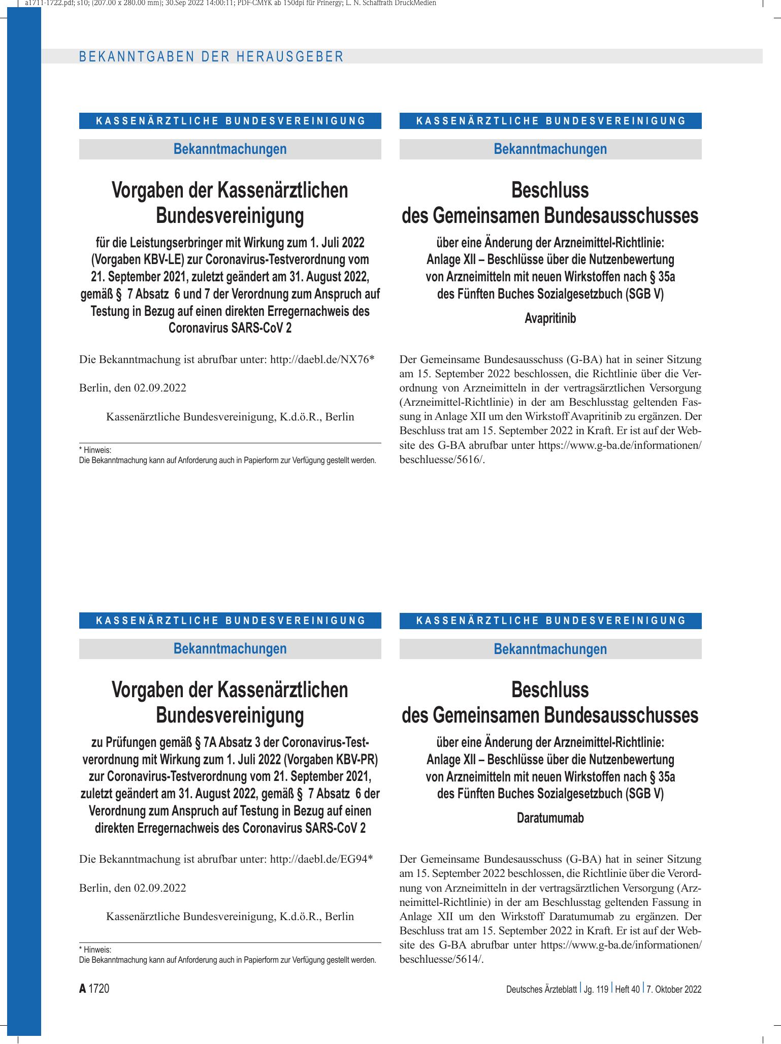 Vorschauseite 1: Beschluss des Gemeinsamen Bundesausschusses über eine Änderung der Arzneimittel-Richtlinie: Avapritinib – Deutsches Ärzteblatt