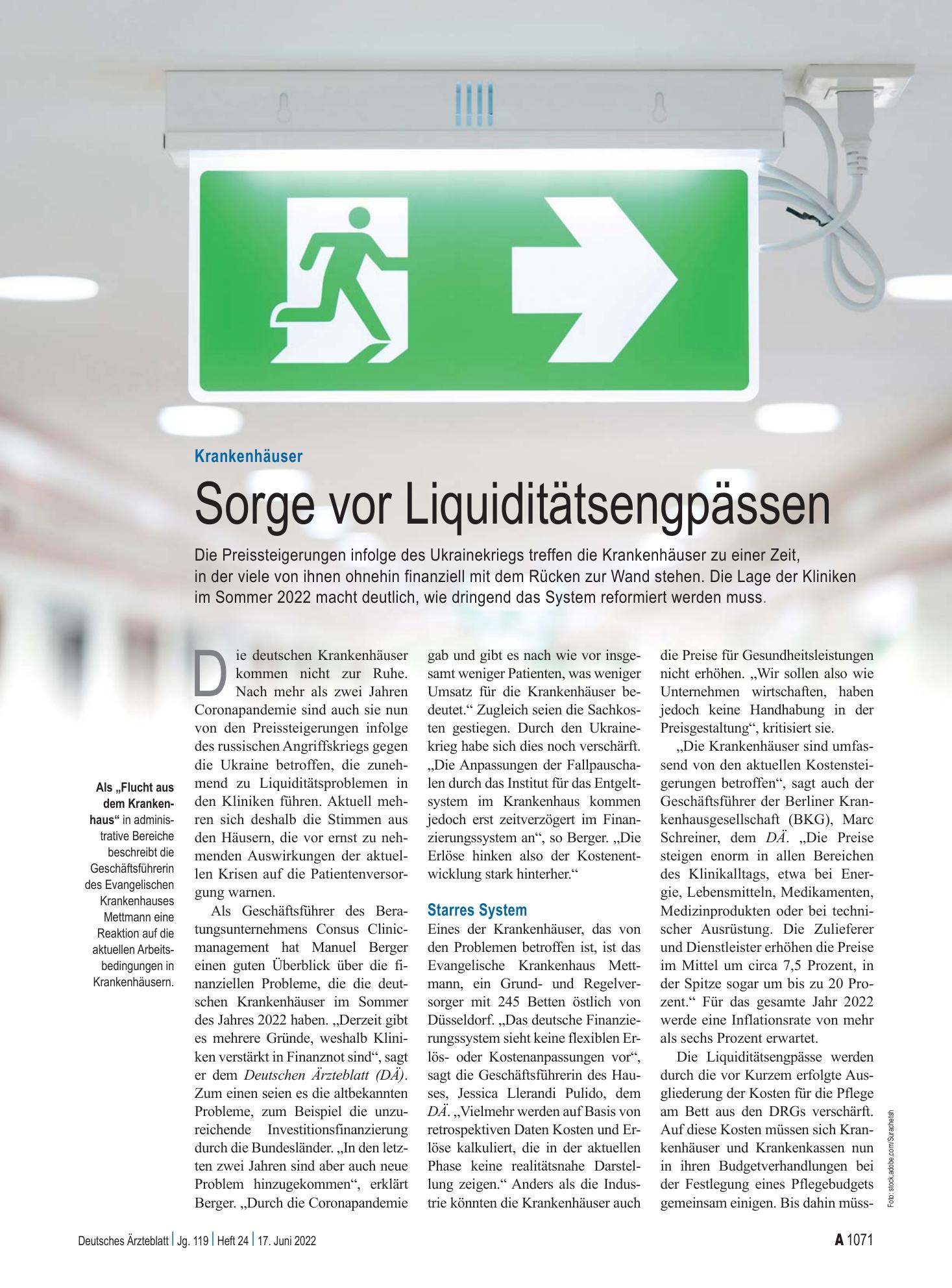 Vorschauseite 1: Krankenhäuser: Sorge vor Liquiditätsengpässen – Deutsches Ärzteblatt