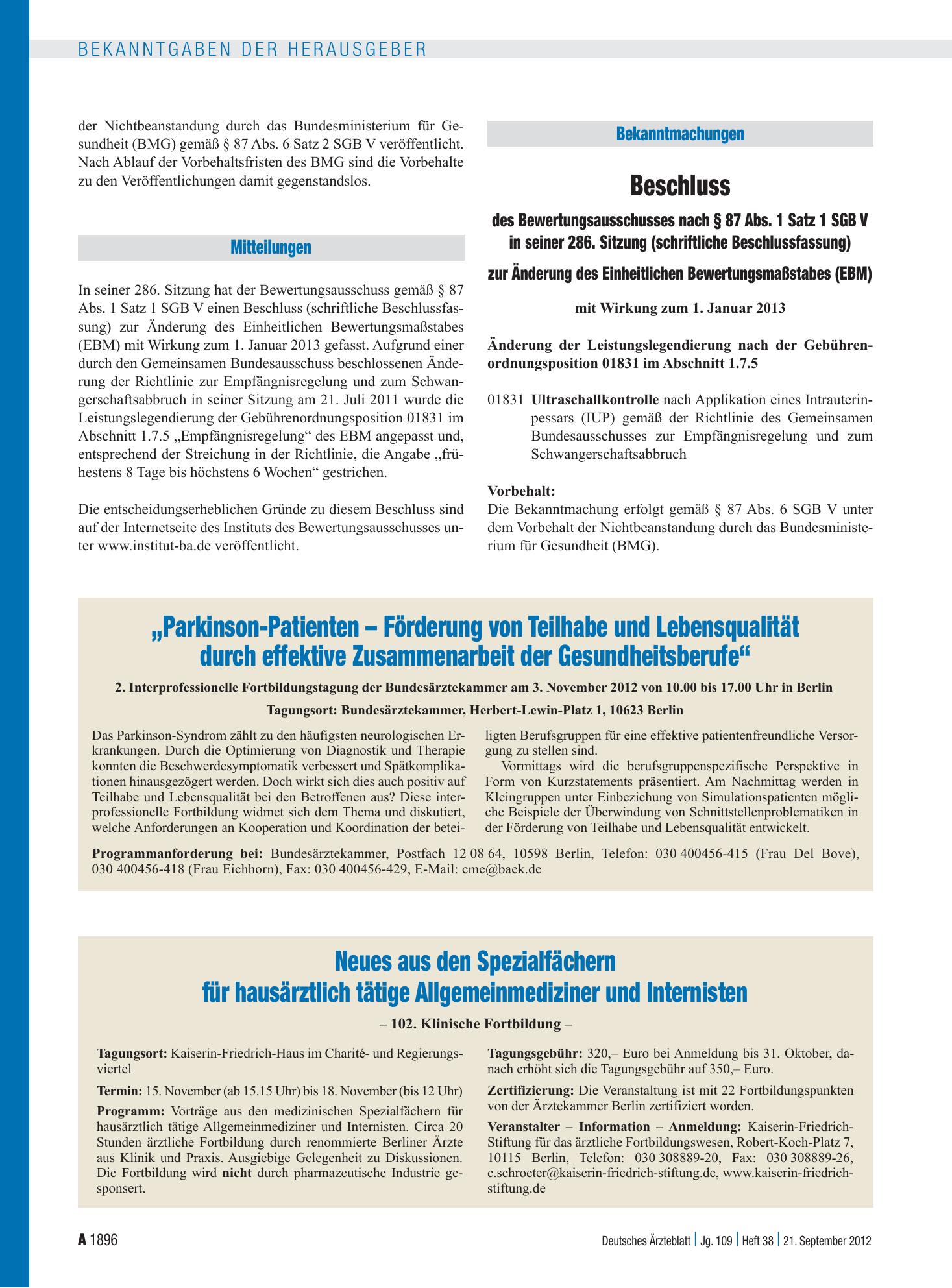 Vorschauseite 1: Beschluss des Bewertungsausschusses nach § 87 Abs. 1 Satz 1 SGB V in seiner 286. Sitzung (schriftliche Beschlussfassung) zur Änderung des Einheitlichen Bewertungsmaßstabes (EBM) –…