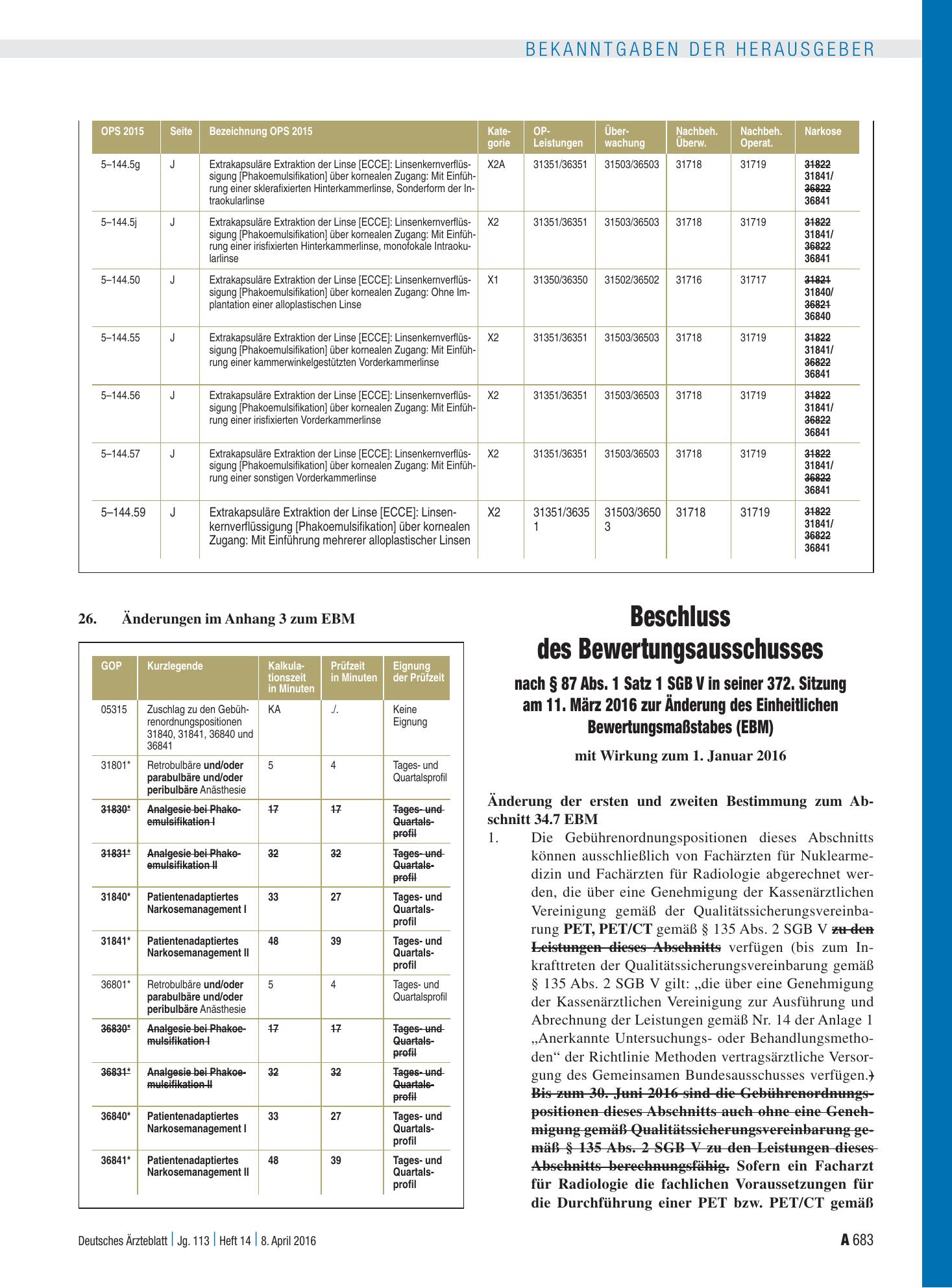 Vorschauseite 1: Beschluss des Bewertungsausschusses nach § 87 Abs. 1 Satz 1 SGB V in seiner 372. Sitzung am 11. März 2016 zur Änderung des Einheitlichen Bewertungsmaßstabes (EBM) – Deutsches Ärzt…