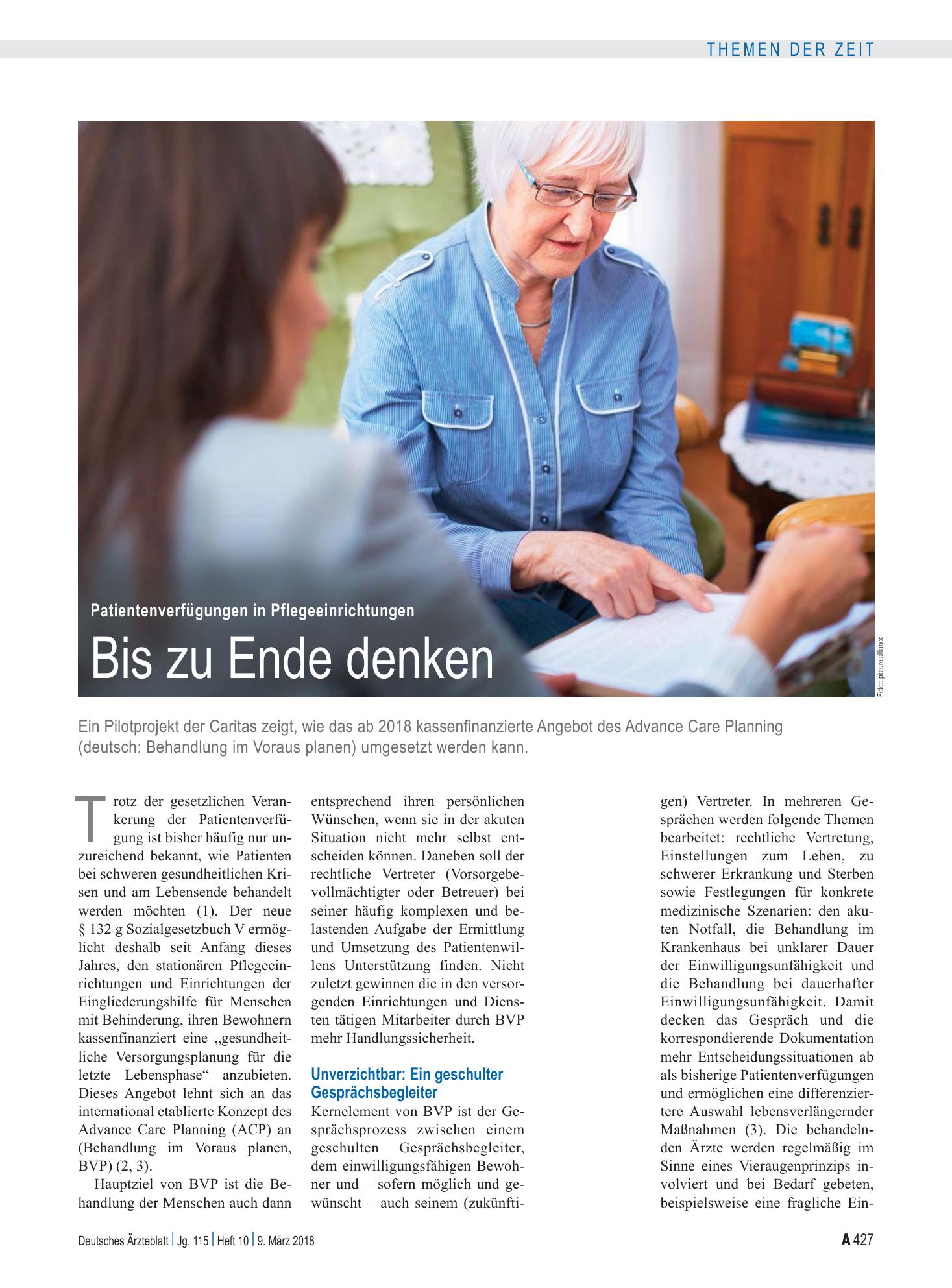 Vorschauseite 1: Patientenverfügungen in Pflegeeinrichtungen: Bis zu Ende denken – Deutsches Ärzteblatt