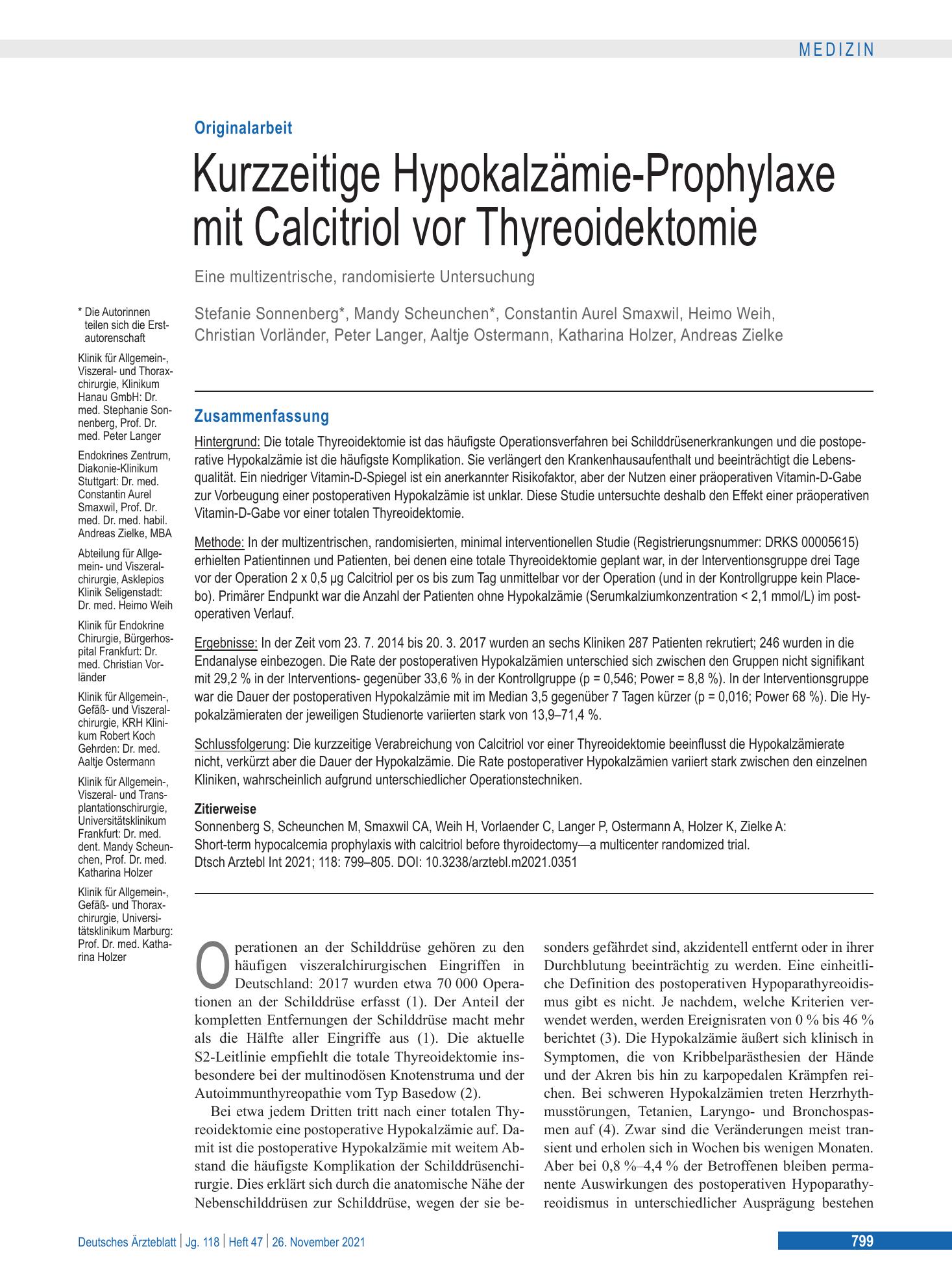 Vorschauseite 1: Kurzzeitige Hypokalzämie-Prophylaxe mit Calcitriol vor Thyreoidektomie – Deutsches Ärzteblatt