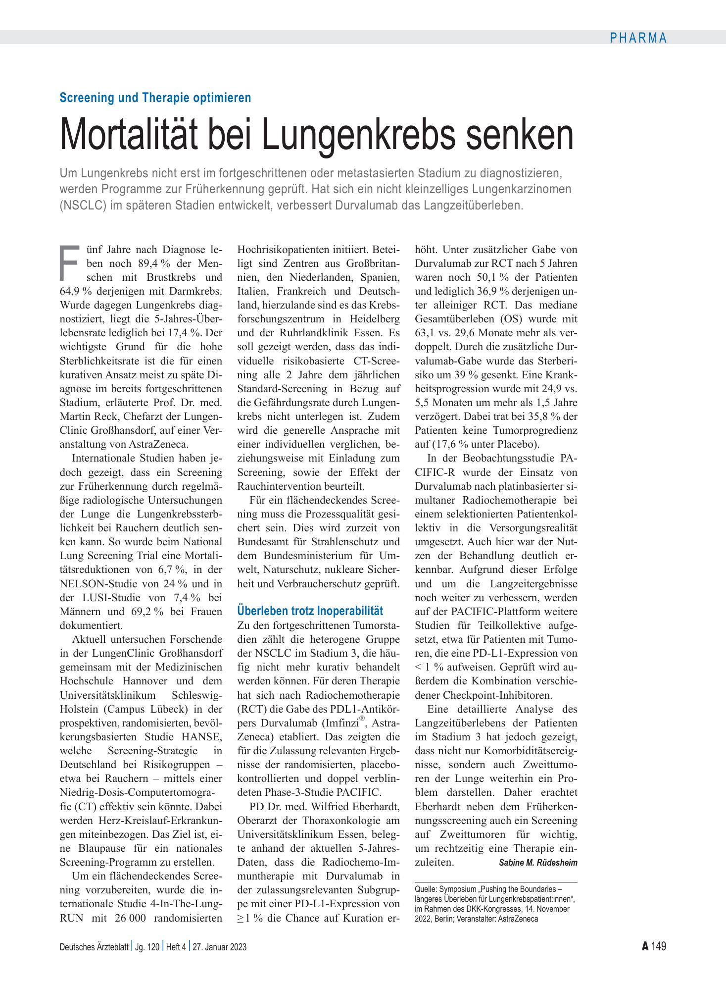 Vorschauseite 1: Screening und Therapie optimieren: Mortalität bei Lungenkrebs senken – Deutsches Ärzteblatt