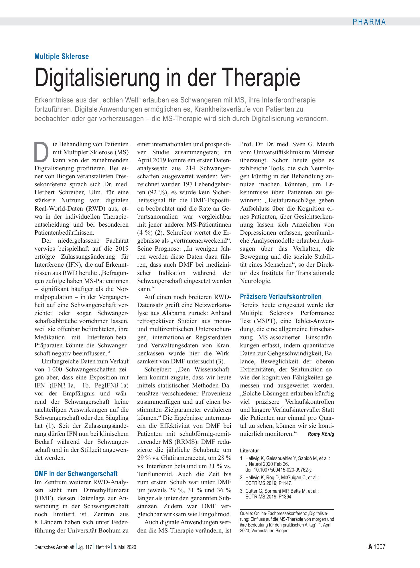 Vorschauseite 1: Multiple Sklerose: Digitalisierung in der Therapie – Deutsches Ärzteblatt