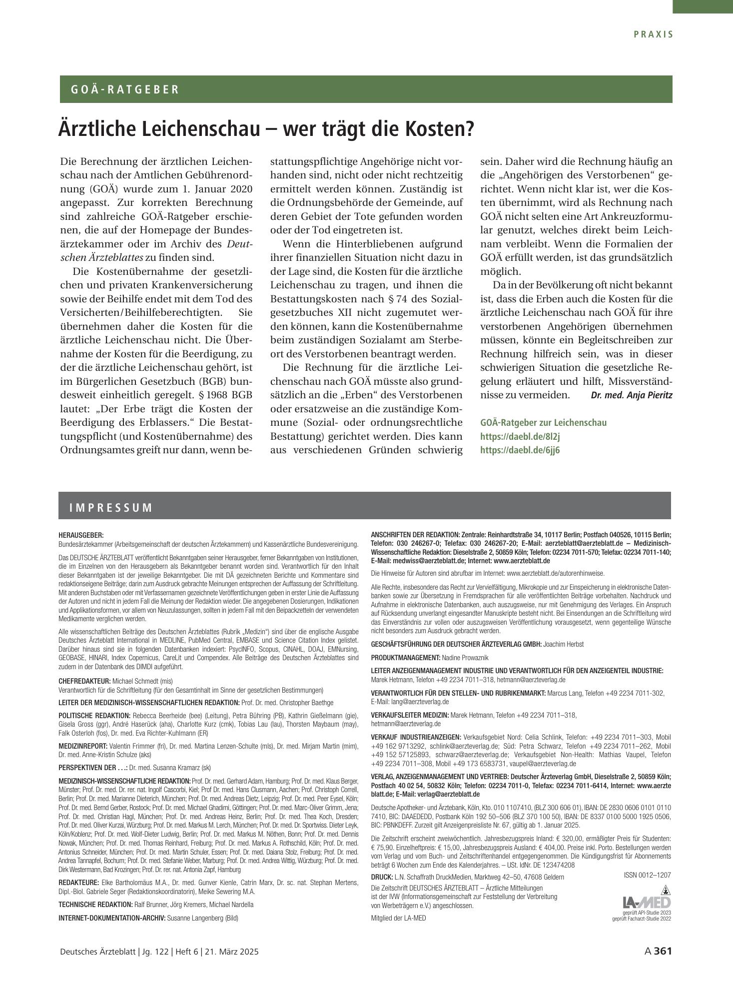 Vorschauseite 1: Ärztliche Leichenschau – wer trägt die Kosten? – Deutsches Ärzteblatt