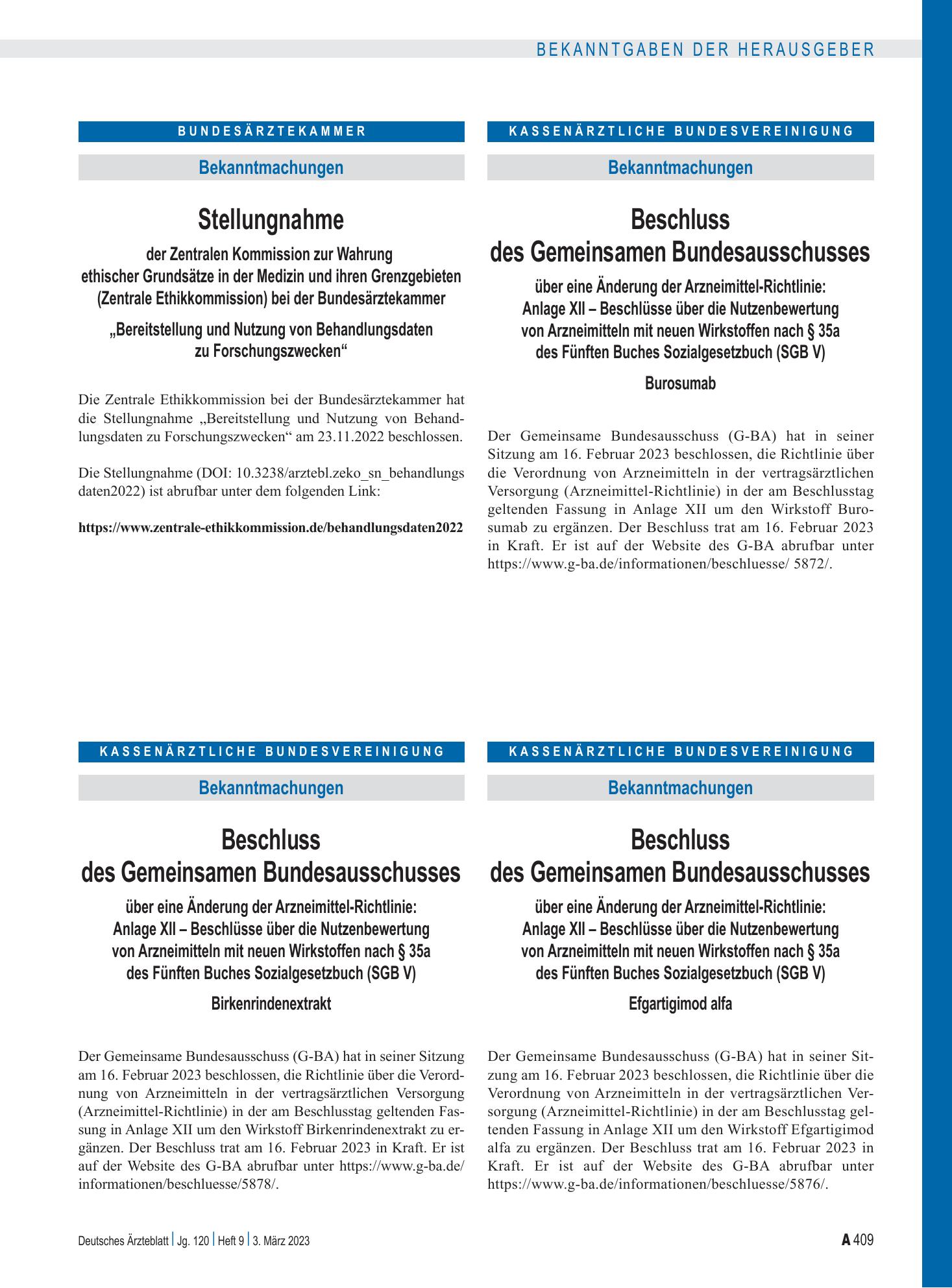 Vorschauseite 1: Beschluss des Gemeinsamen Bundesausschusses über eine Änderung der Arzneimittel-Richtlinie: Burosumab – Deutsches Ärzteblatt
