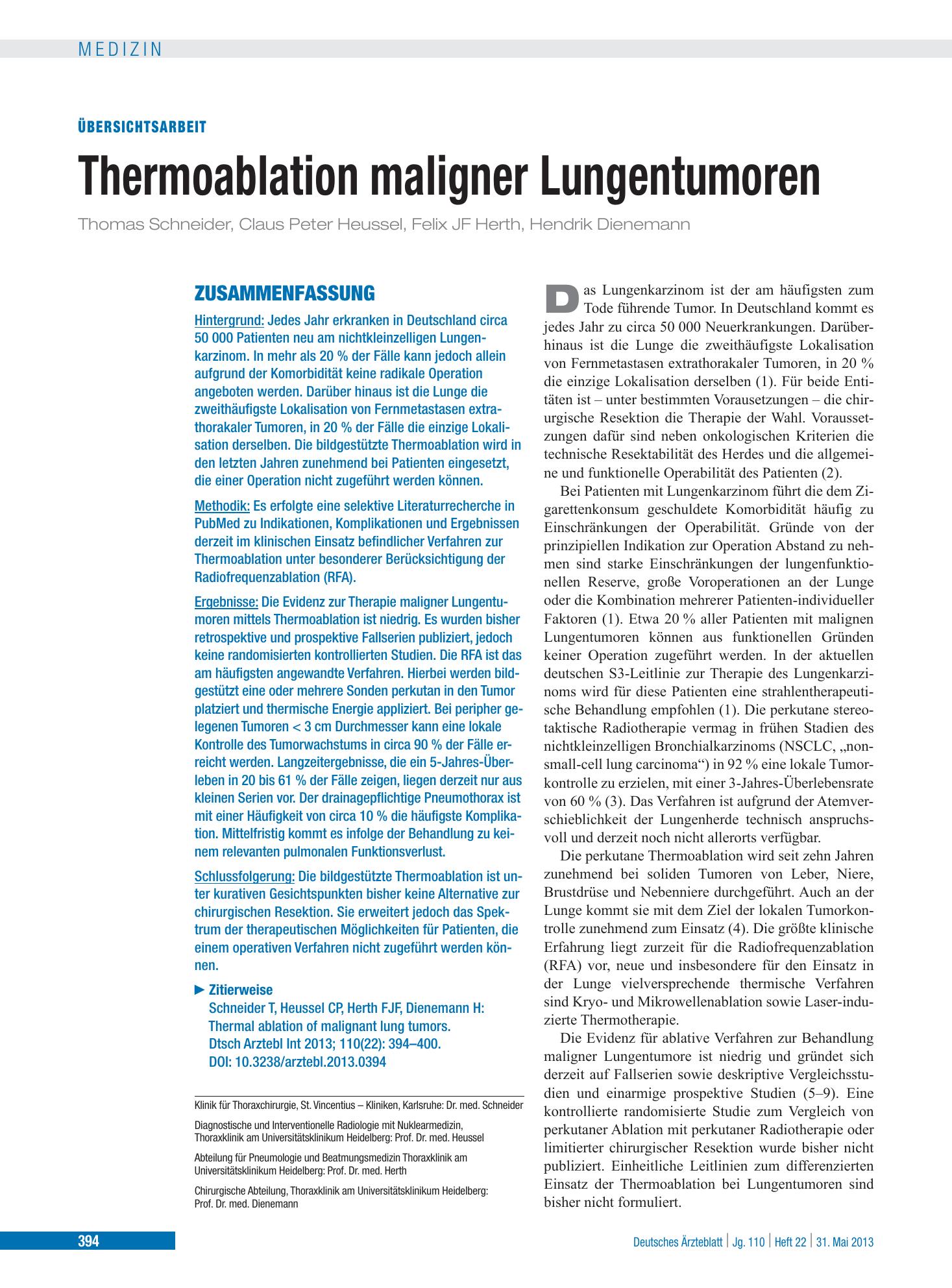 Vorschauseite 1: Thermoablation maligner Lungentumoren – Deutsches Ärzteblatt
