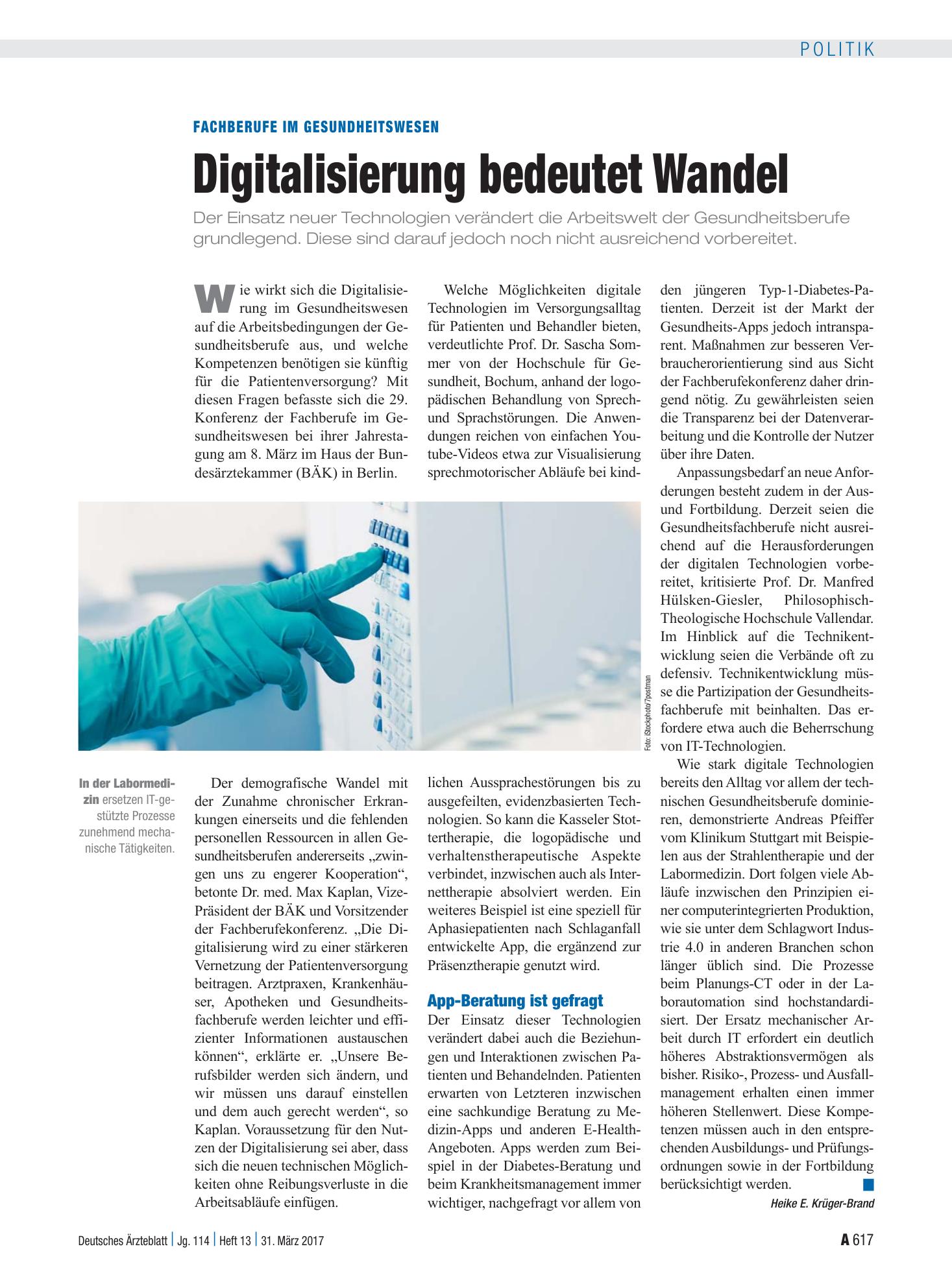Vorschauseite 1: Fachberufe im Gesundheitswesen: Digitalisierung bedeutet Wandel – Deutsches Ärzteblatt