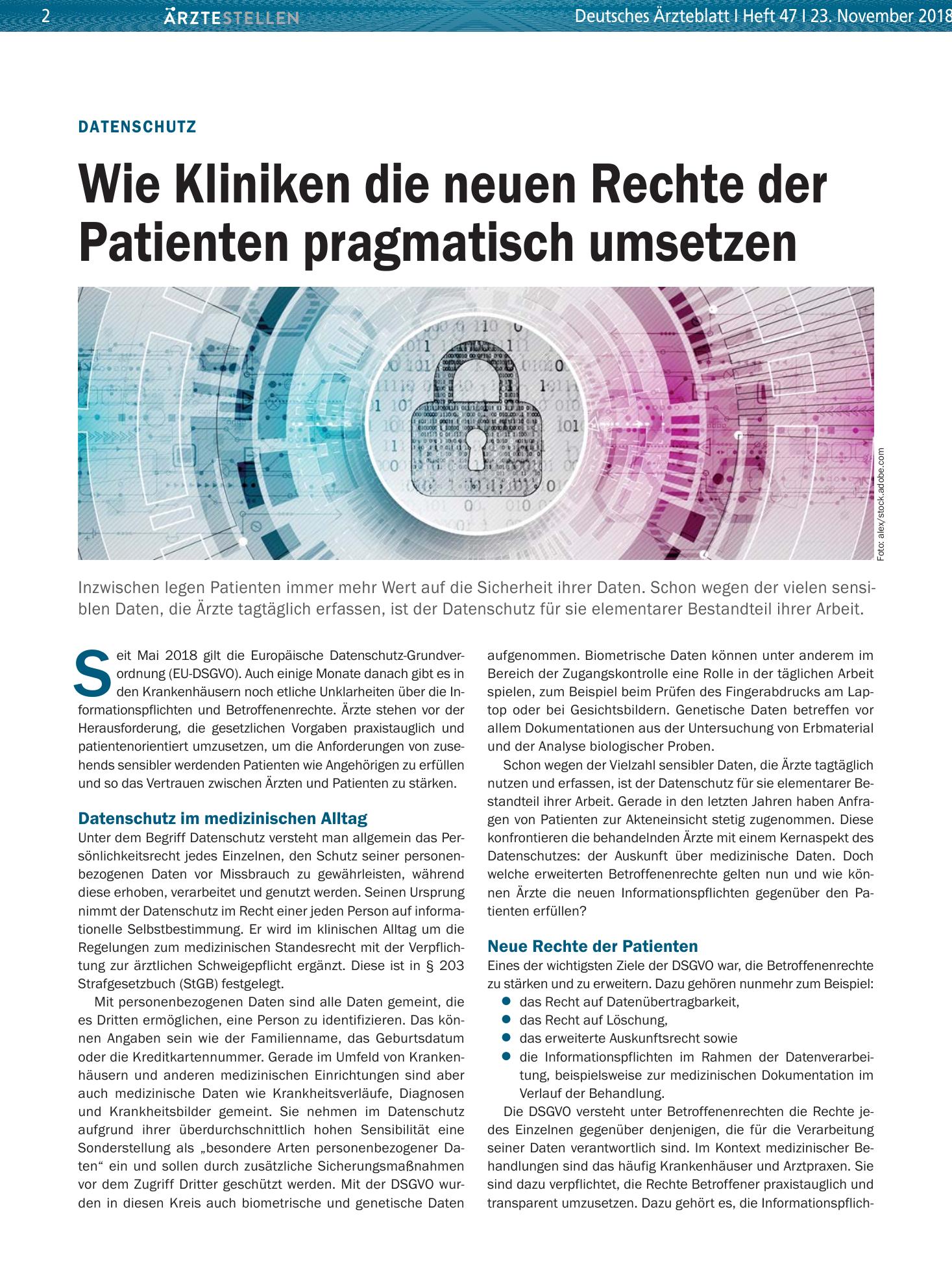 Vorschauseite 1: Datenschutz: Wie Kliniken die neuen Rechte der Patienten pragmatisch umsetzen – Deutsches Ärzteblatt