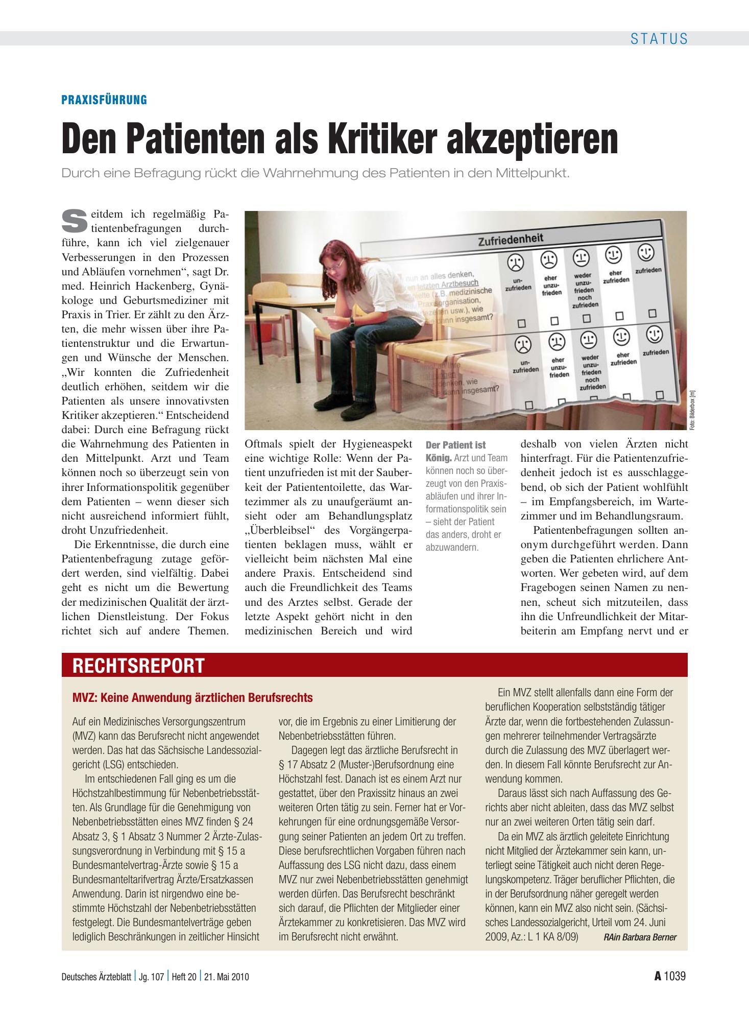 Vorschauseite 1: MVZ: Keine Anwendung ärztlichen Berufsrechts – Deutsches Ärzteblatt