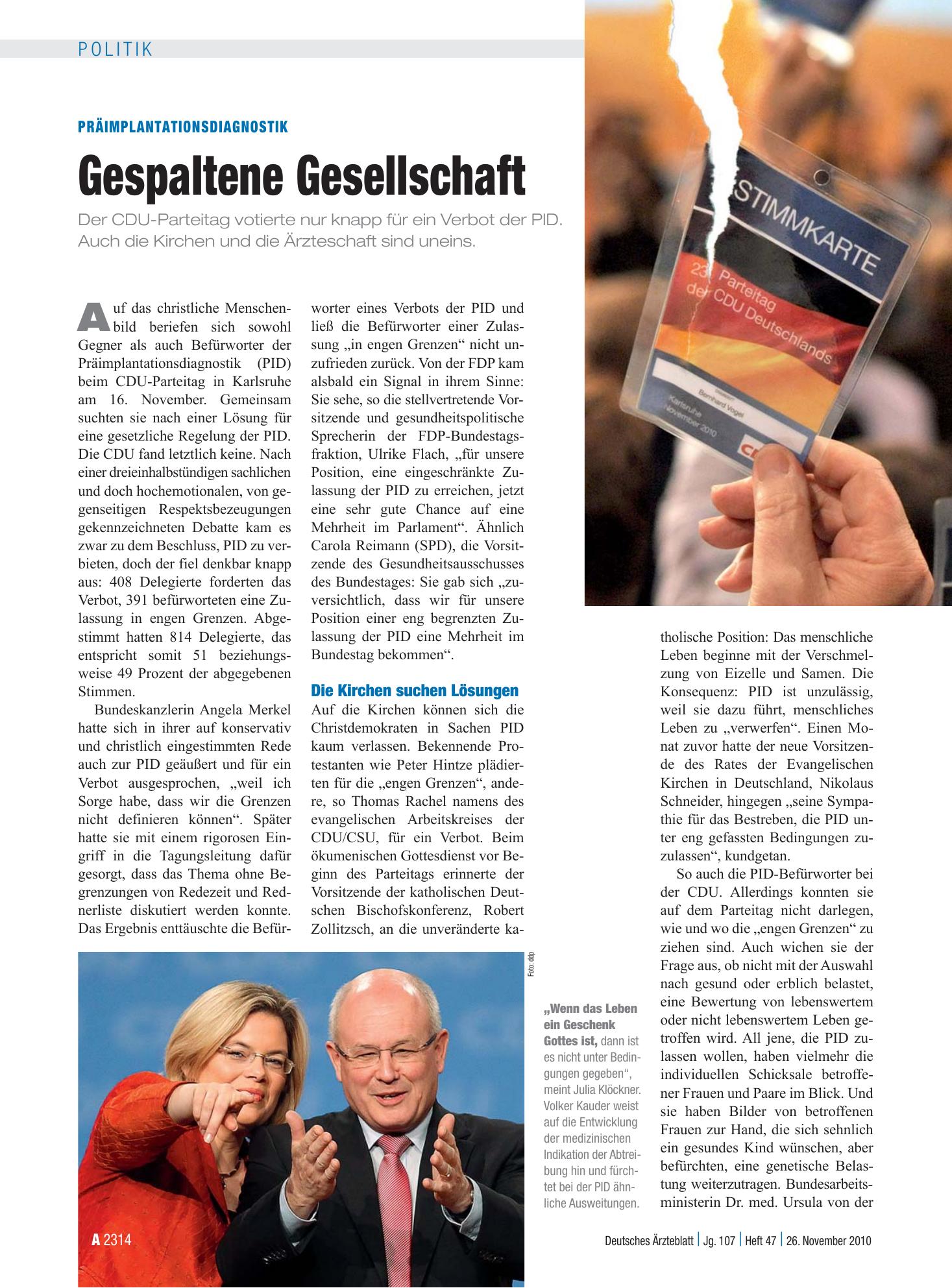Vorschauseite 1: Präimplantationsdiagnostik: Gespaltene Gesellschaft – Deutsches Ärzteblatt