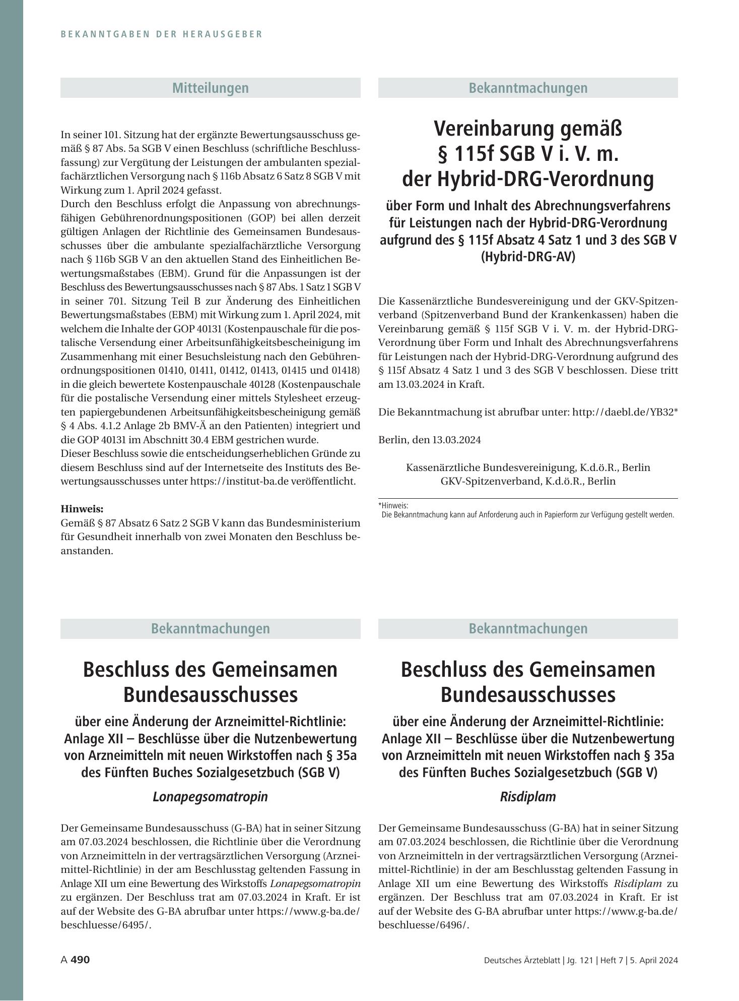 Vorschauseite 1: Mitteilungen – Deutsches Ärzteblatt