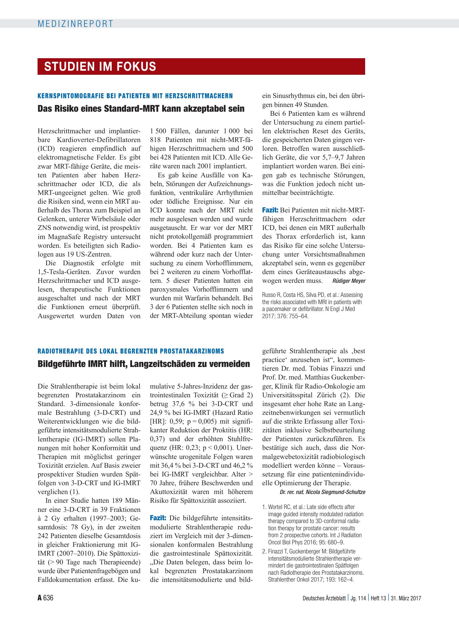 Vorschauseite 1: Kernspintomografie bei Patienten mit Herzschrittmachern: Das Risiko eines Standard-MRT kann akzeptabel sein – Deutsches Ärzteblatt