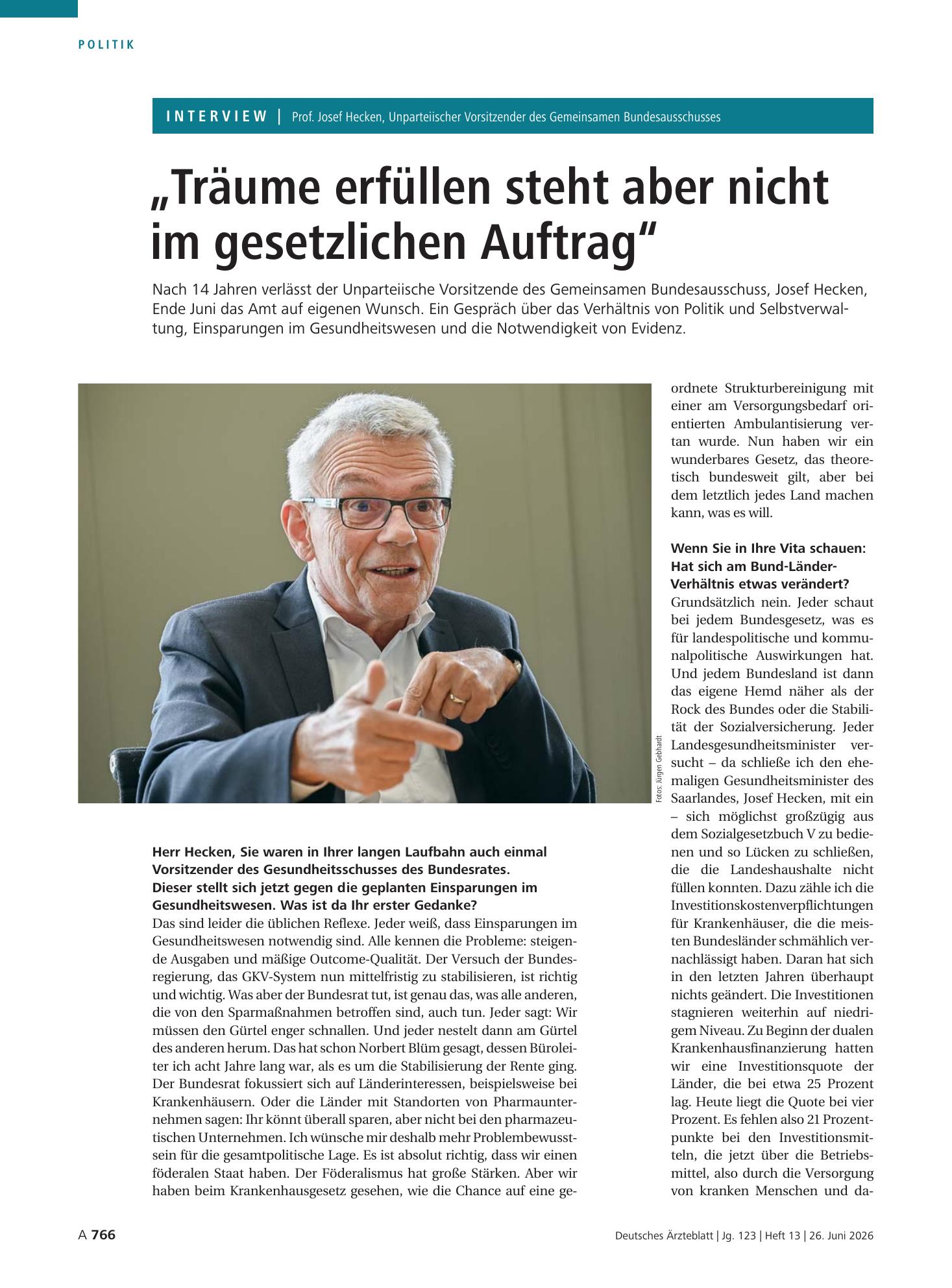 Vorschauseite 1: Interview mit Prof. Josef Hecken, Unparteiischer Vorsitzender des Gemeinsamen Bundesausschusses: „Träume erfüllen steht aber nicht im gesetzlichen Auftrag“ – Deutsches Ärzteblatt