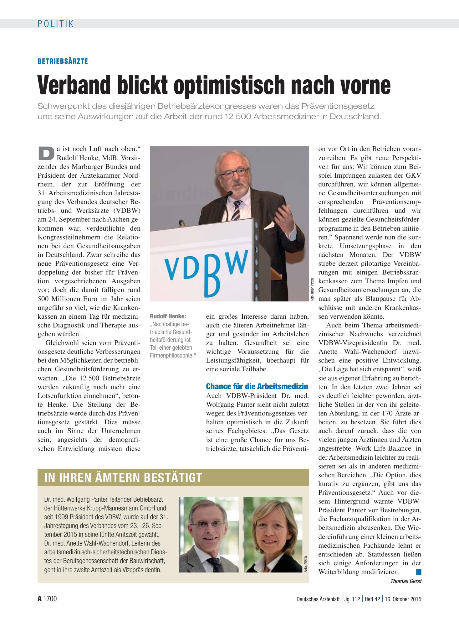 Vorschauseite 1: Betriebsärzte: Verband blickt optimistisch nach vorne – Deutsches Ärzteblatt