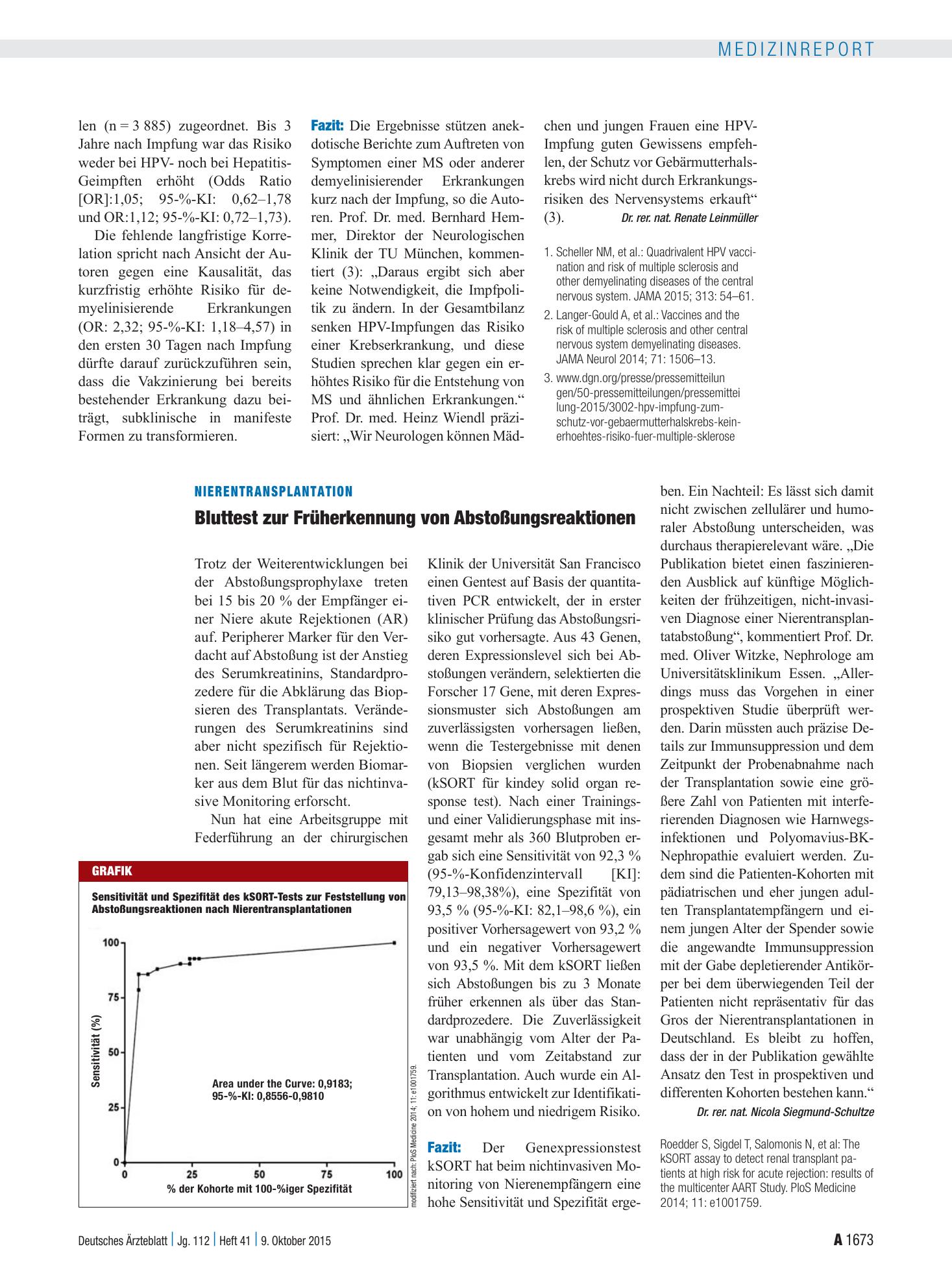 Vorschauseite 1: Nierentransplantation: Bluttest zur Früherkennung von Abstoßungsreaktionen – Deutsches Ärzteblatt