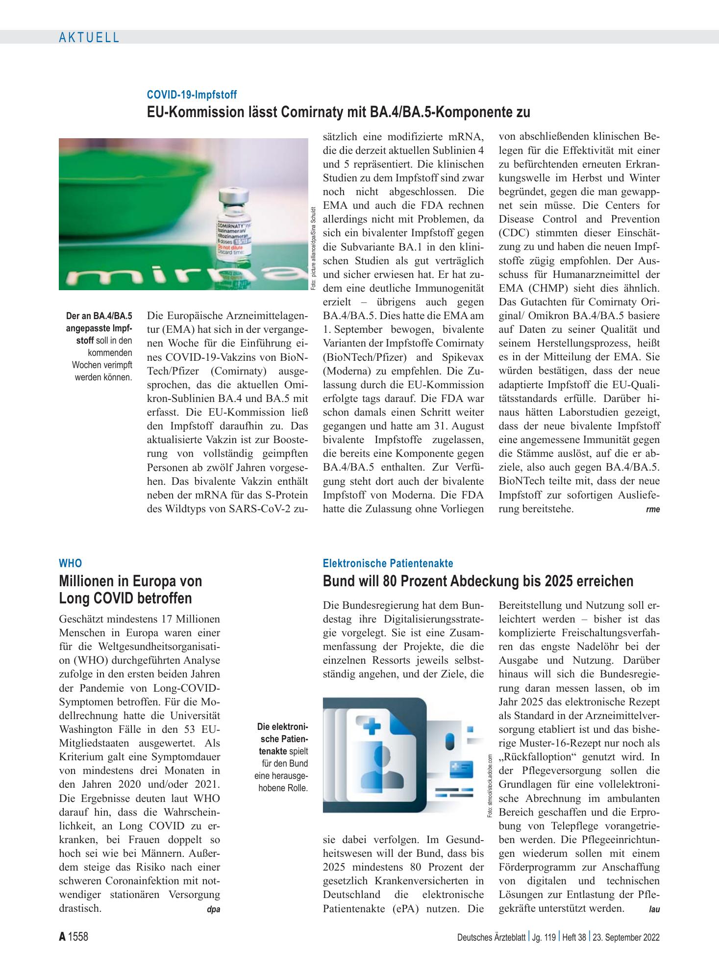 Vorschauseite 1: COVID-19-Impfstoff: EU-Kommission lässt Comirnaty mit BA.4/BA.5-Komponente zu – Deutsches Ärzteblatt