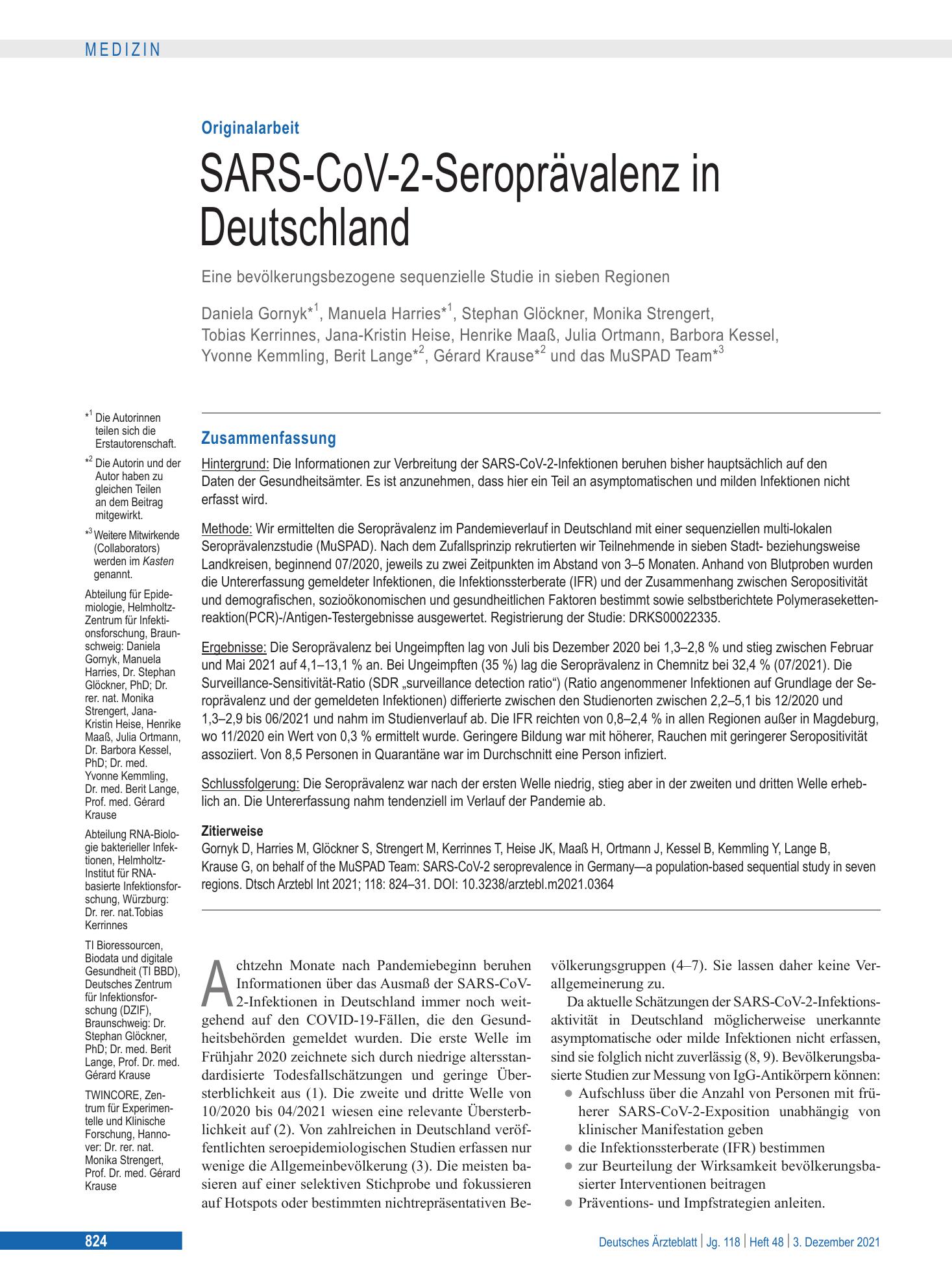 Vorschauseite 1: SARS-CoV-2-Seroprävalenz in Deutschland – Deutsches Ärzteblatt