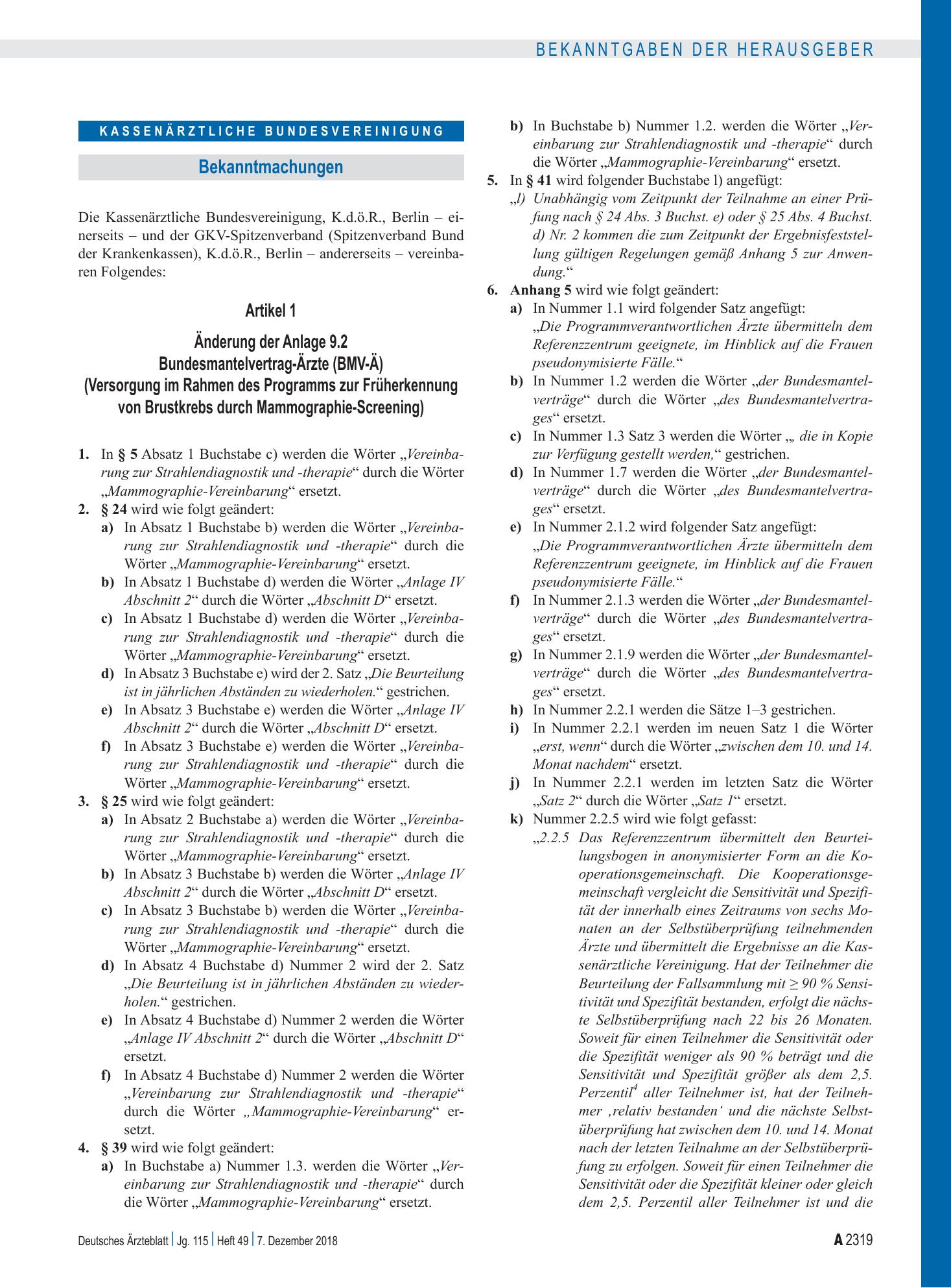 Vorschauseite 1: Artikel 1 – Änderung der Anlage 9.2 Bundesmantelvertrag-Ärzte (BMV-Ä) (Versorgung im Rahmen des Programms zur Früherkennung von Brustkrebs durch Mammographie-Screening), Artikel 2…