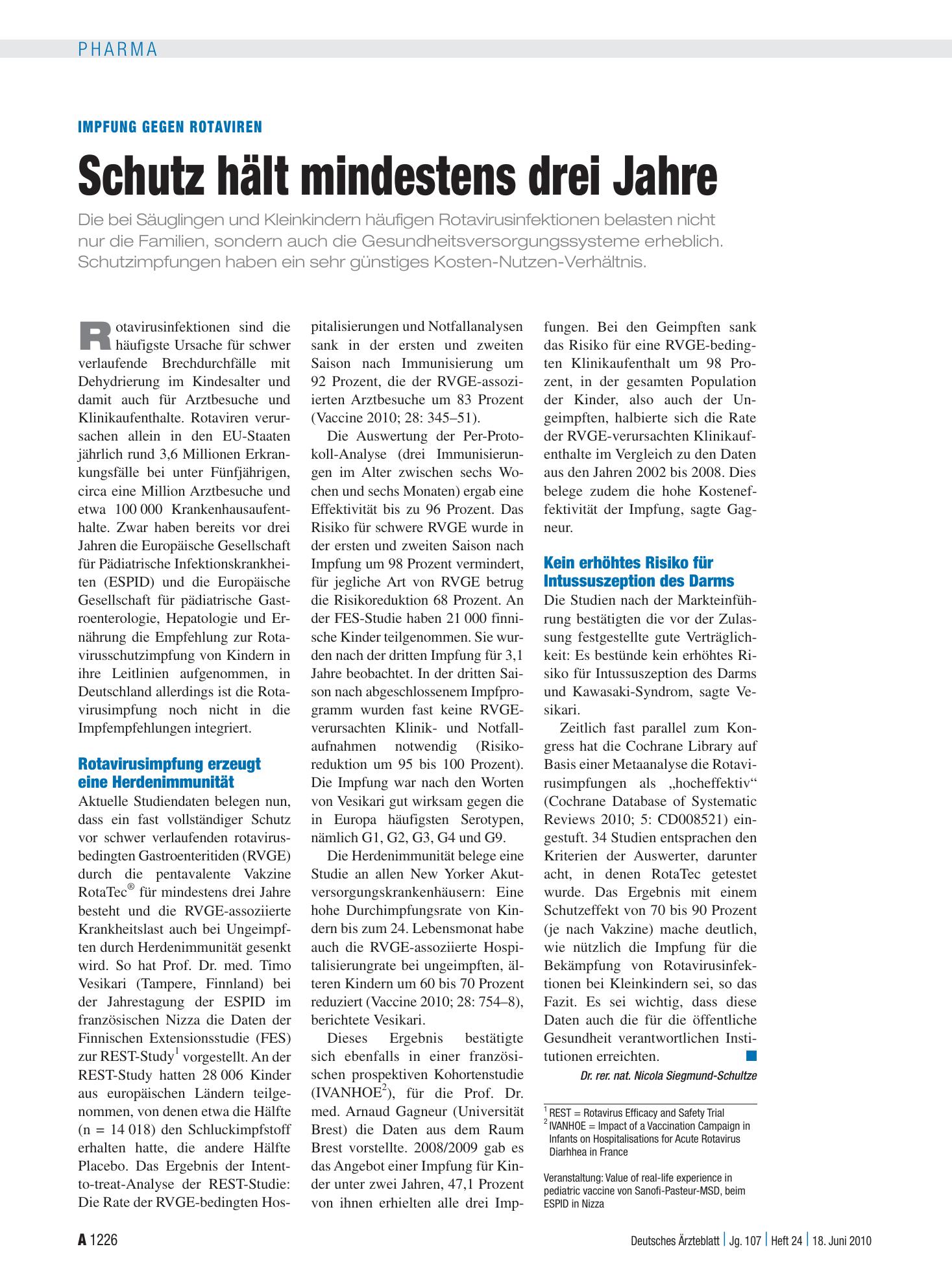 Vorschauseite 1: Impfung gegen Rotaviren: Schutz hält mindestens drei Jahre – Deutsches Ärzteblatt