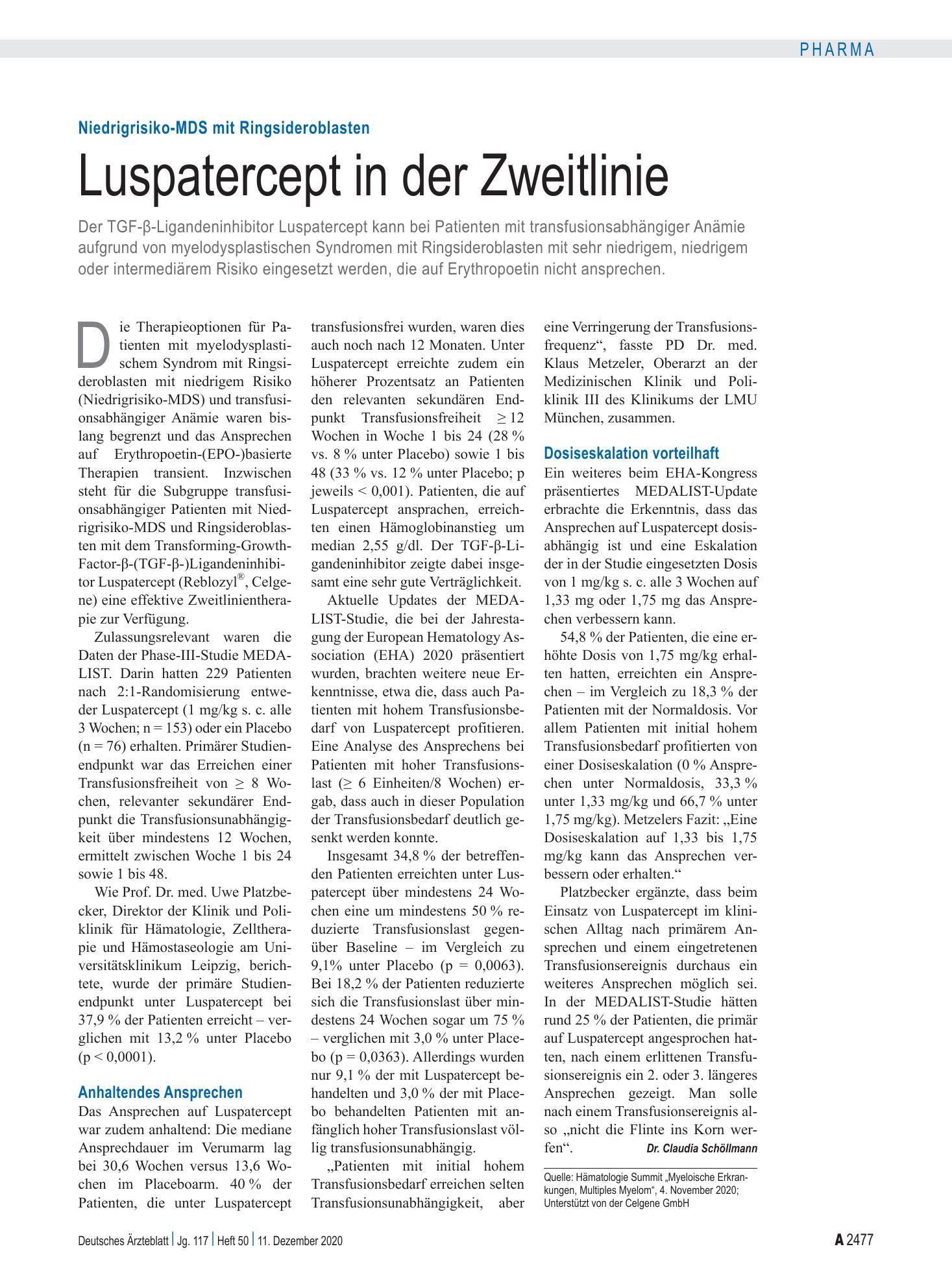 Vorschauseite 1: Niedrigrisiko-MDS mit Ringsideroblasten: Luspatercept in der Zweitlinie – Deutsches Ärzteblatt