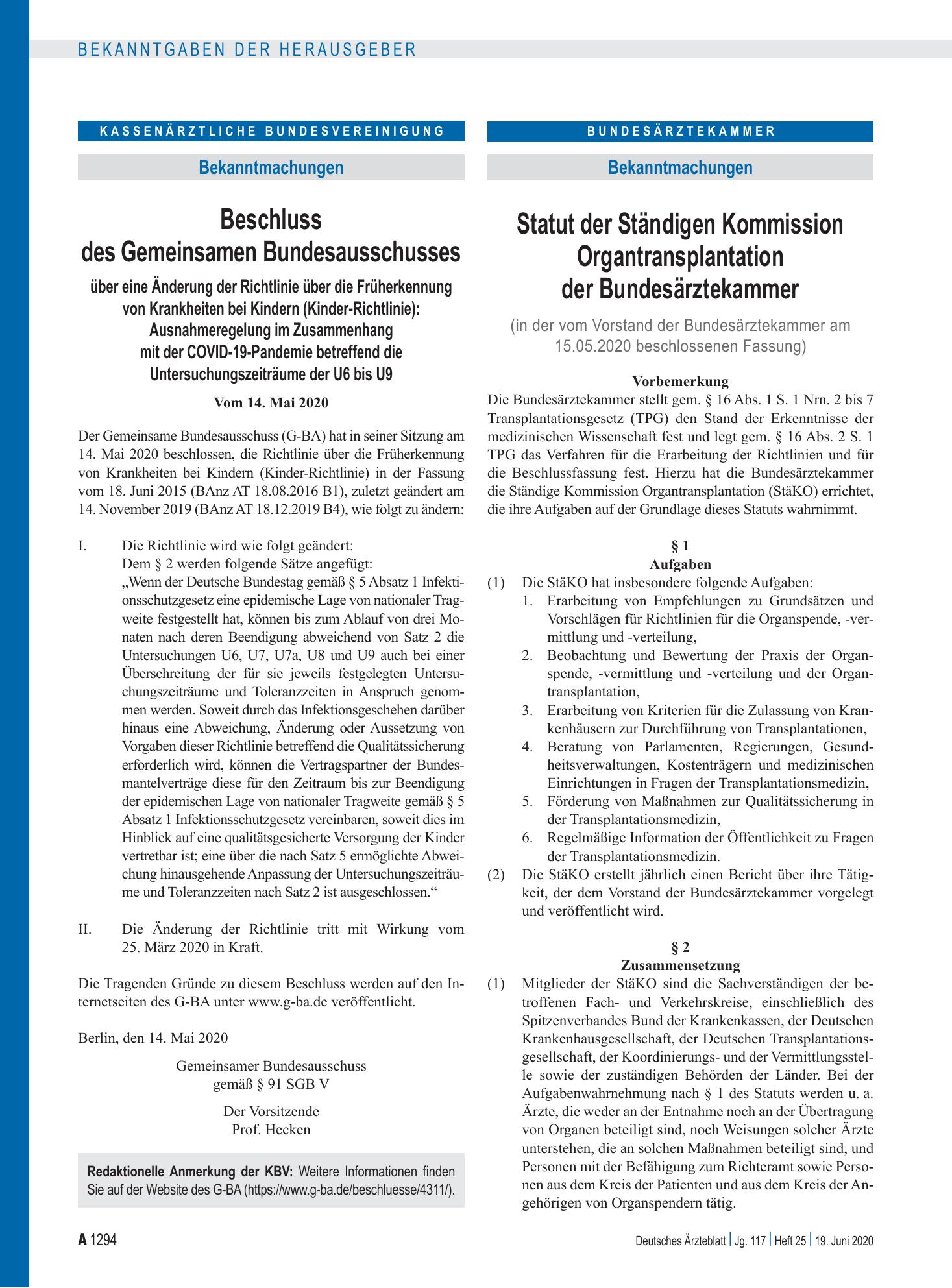 Vorschauseite 1: Statut der Ständigen Kommission Organtransplantation der Bundesärztekammer – Deutsches Ärzteblatt