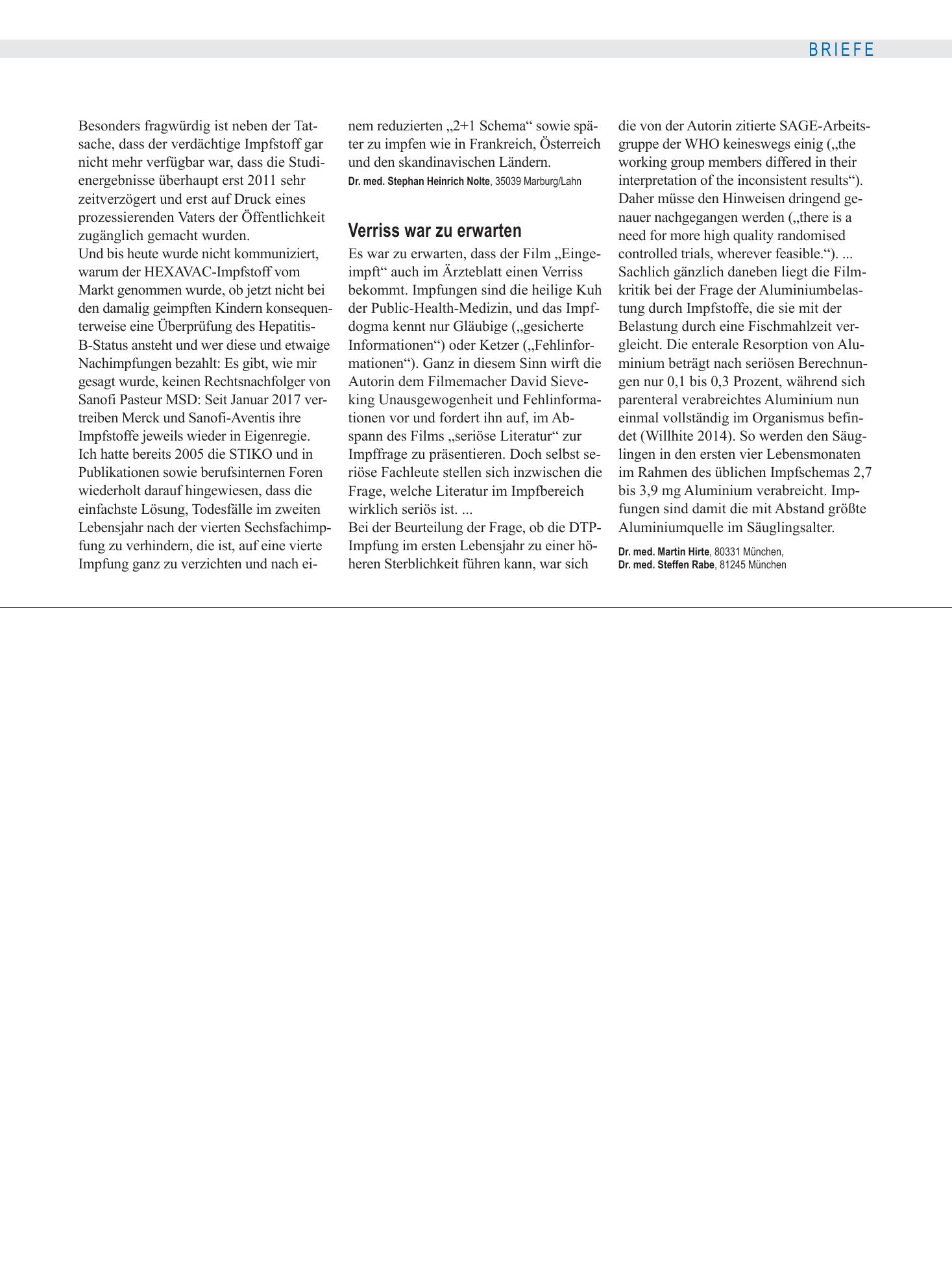 Vorschauseite 1: Impfkritik: Verriss war zu erwarten – Deutsches Ärzteblatt