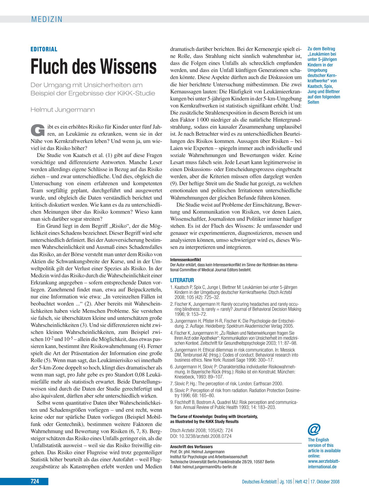 Vorschauseite 1: Fluch des Wissens – Deutsches Ärzteblatt