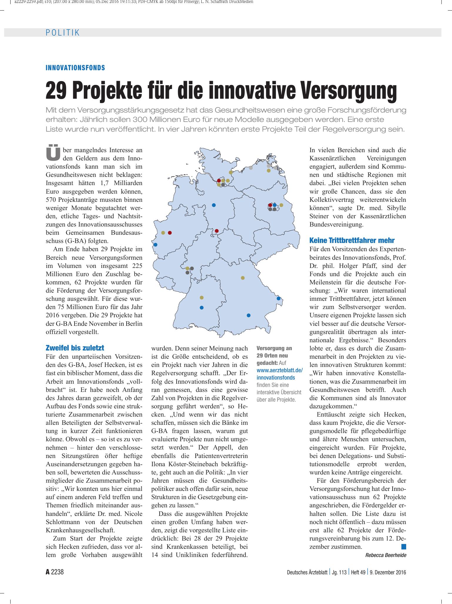Vorschauseite 1: Innovationsfonds: 29 Projekte für die innovative Versorgung – Deutsches Ärzteblatt