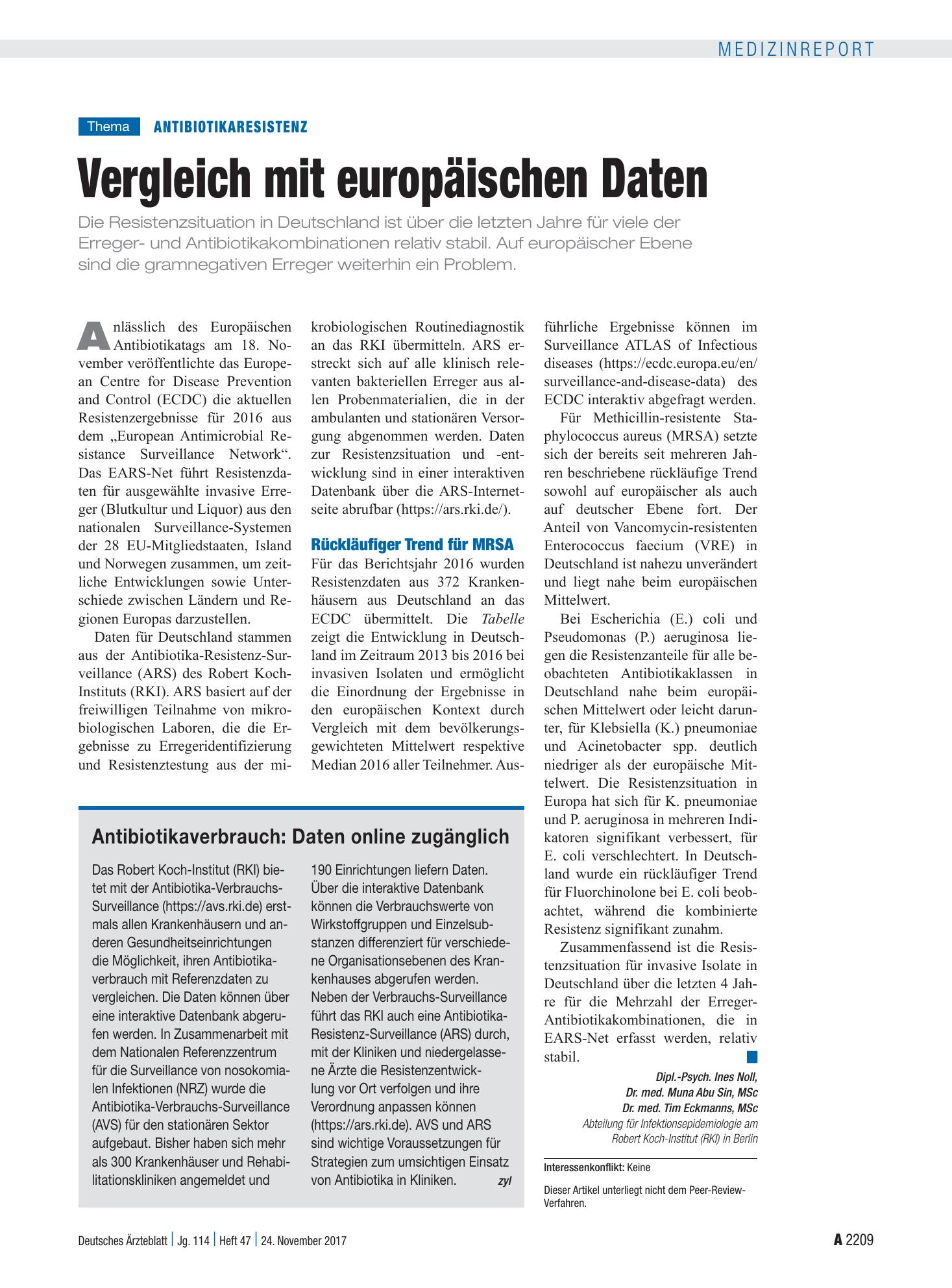 Vorschauseite 1: Antibiotikaresistenz: Vergleich mit europäischen Daten – Deutsches Ärzteblatt