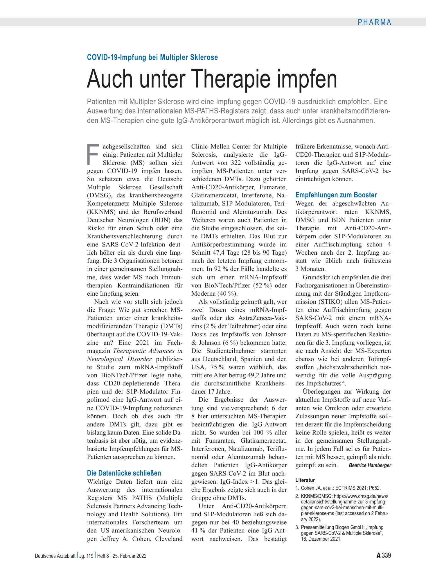 Vorschauseite 1: COVID-19-Impfung bei Multipler Sklerose: Auch unter Therapie impfen – Deutsches Ärzteblatt