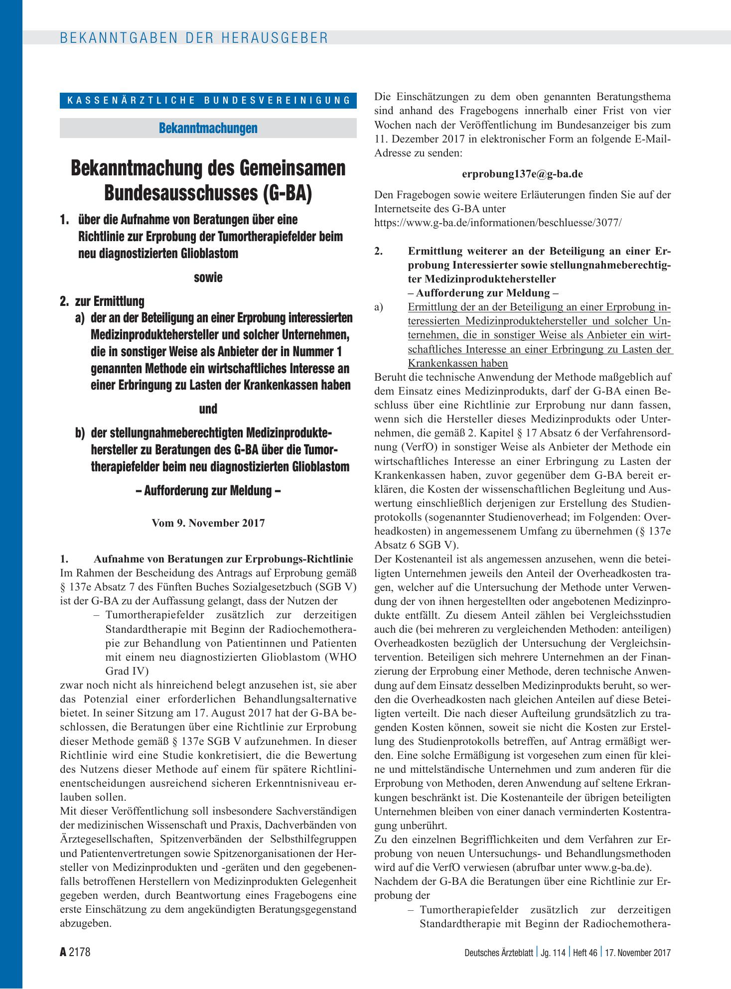 Vorschauseite 1: Bekanntmachung des Gemeinsamen Bundesausschusses (G-BA): 1. über die Aufnahme von Beratungen über eine Richtlinie zur Erprobung der Tumortherapiefelder beim neu diagnostizierten G…