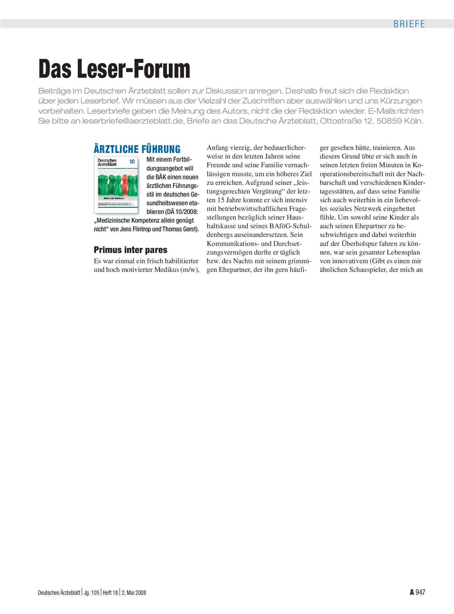 Vorschauseite 1: Ärztliche Führung: Primus inter pares – Deutsches Ärzteblatt