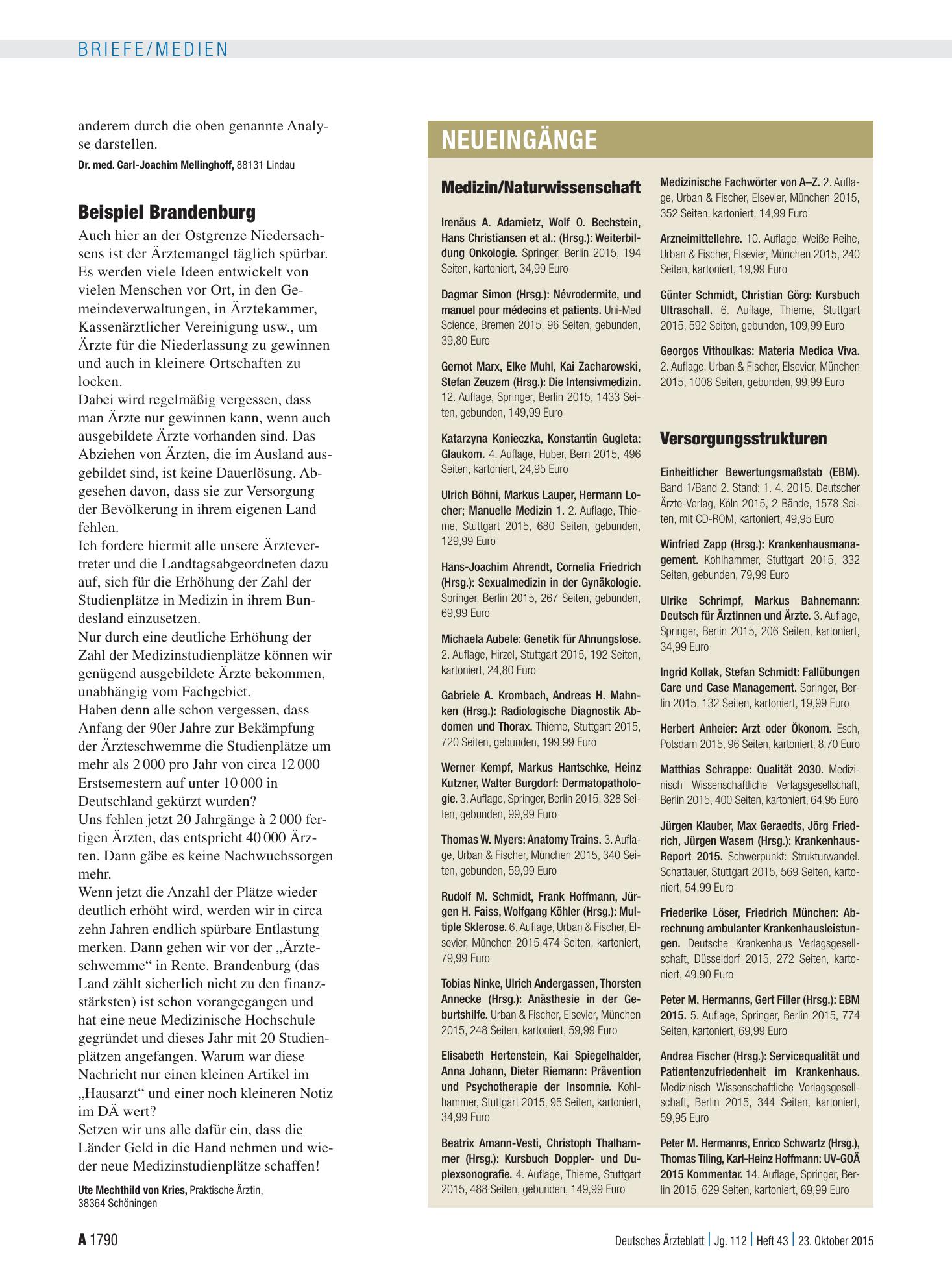 Vorschauseite 1: Neueingänge – Deutsches Ärzteblatt