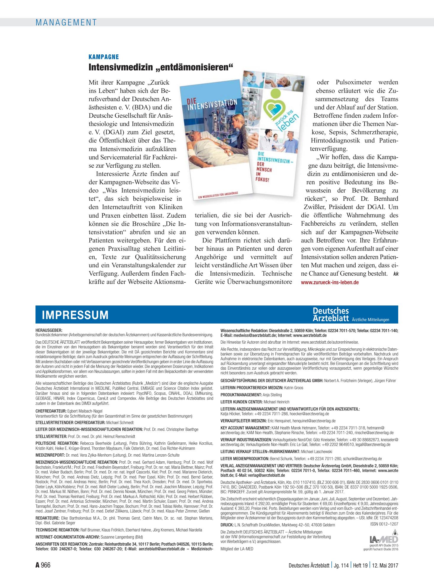 Vorschauseite 1: Kampagne: Intensivmedizin „entdämonisieren“ – Deutsches Ärzteblatt