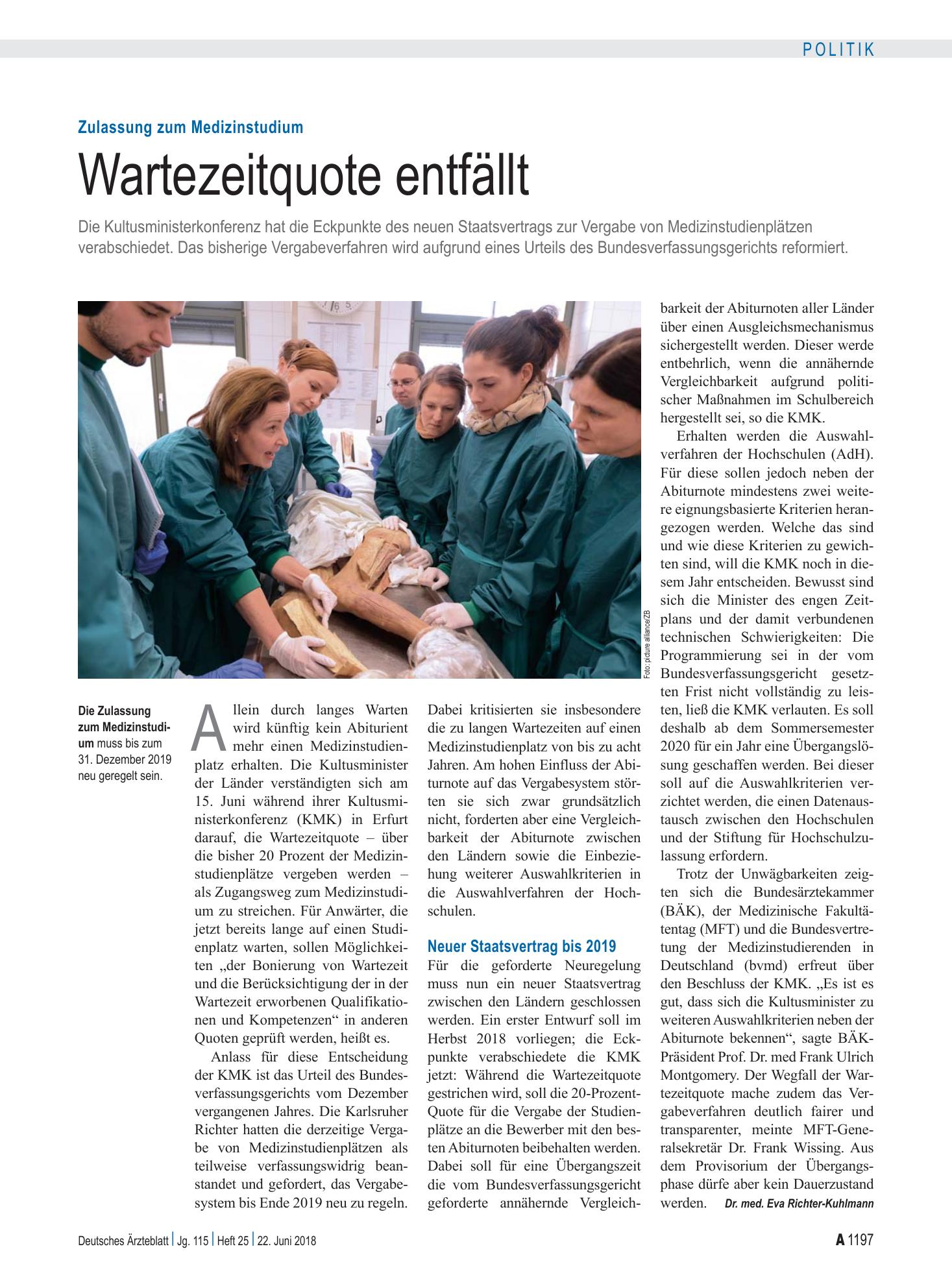 Vorschauseite 1: Zulassung zum Medizinstudium: Wartezeitquote entfällt – Deutsches Ärzteblatt