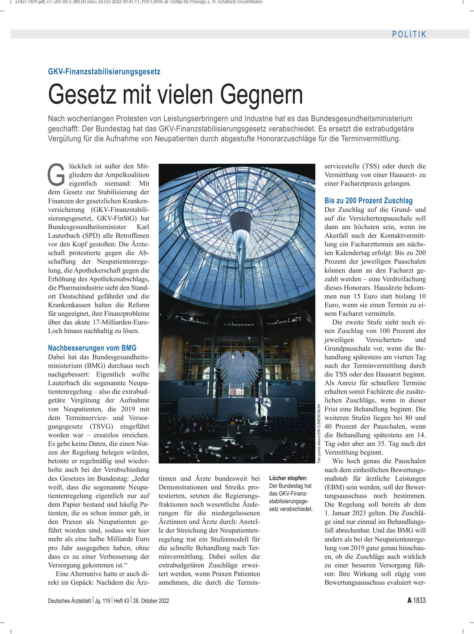 Vorschauseite 1: GKV-Finanzstabilisierungsgesetz: Gesetz mit vielen Gegnern – Deutsches Ärzteblatt