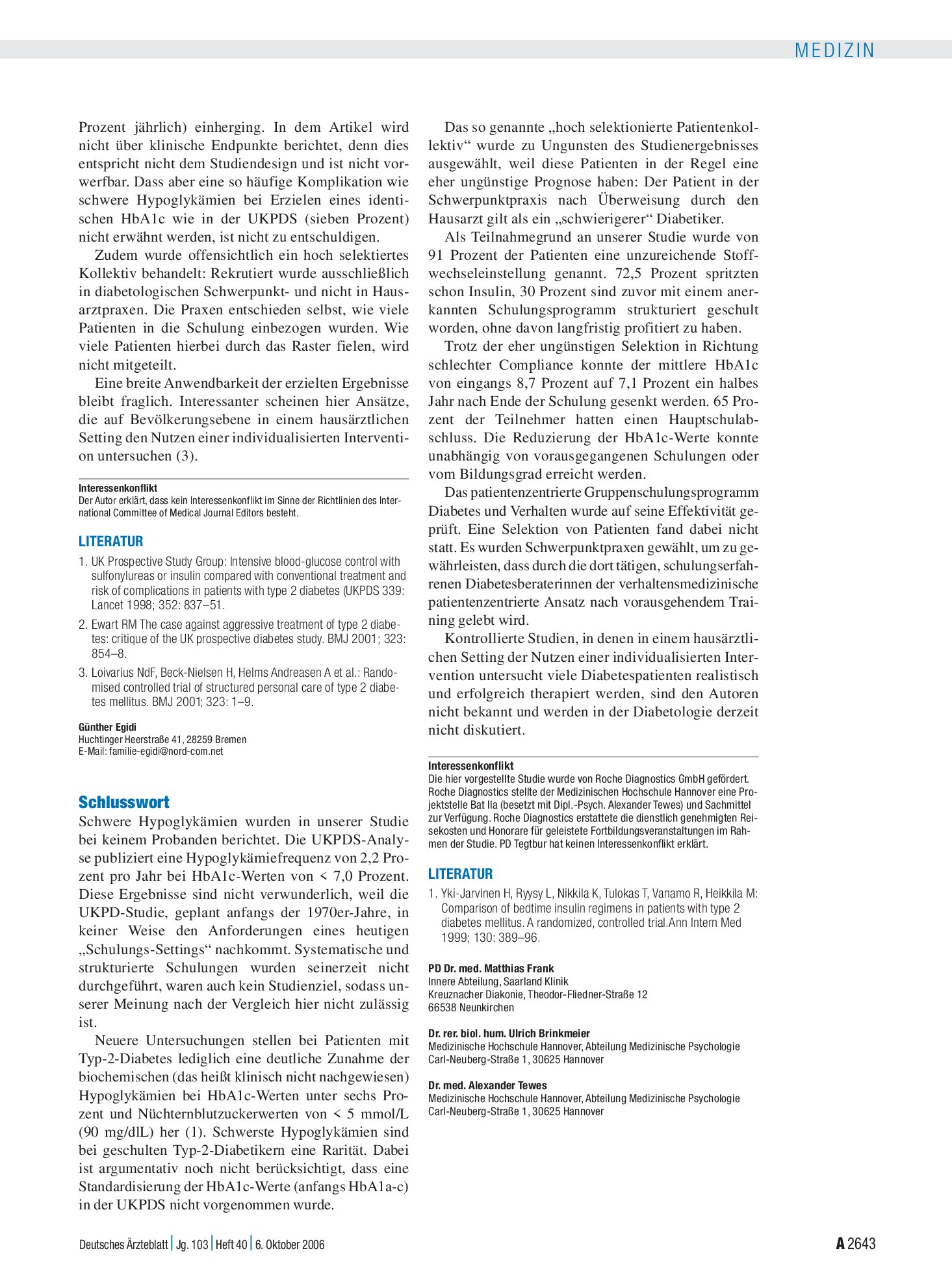 Vorschauseite 1: Insulinpflichtiger Typ-2-Diabetes – Patientenzentrierte Schulung verbessert die Stoffwechsellage: Schlusswort – Deutsches Ärzteblatt