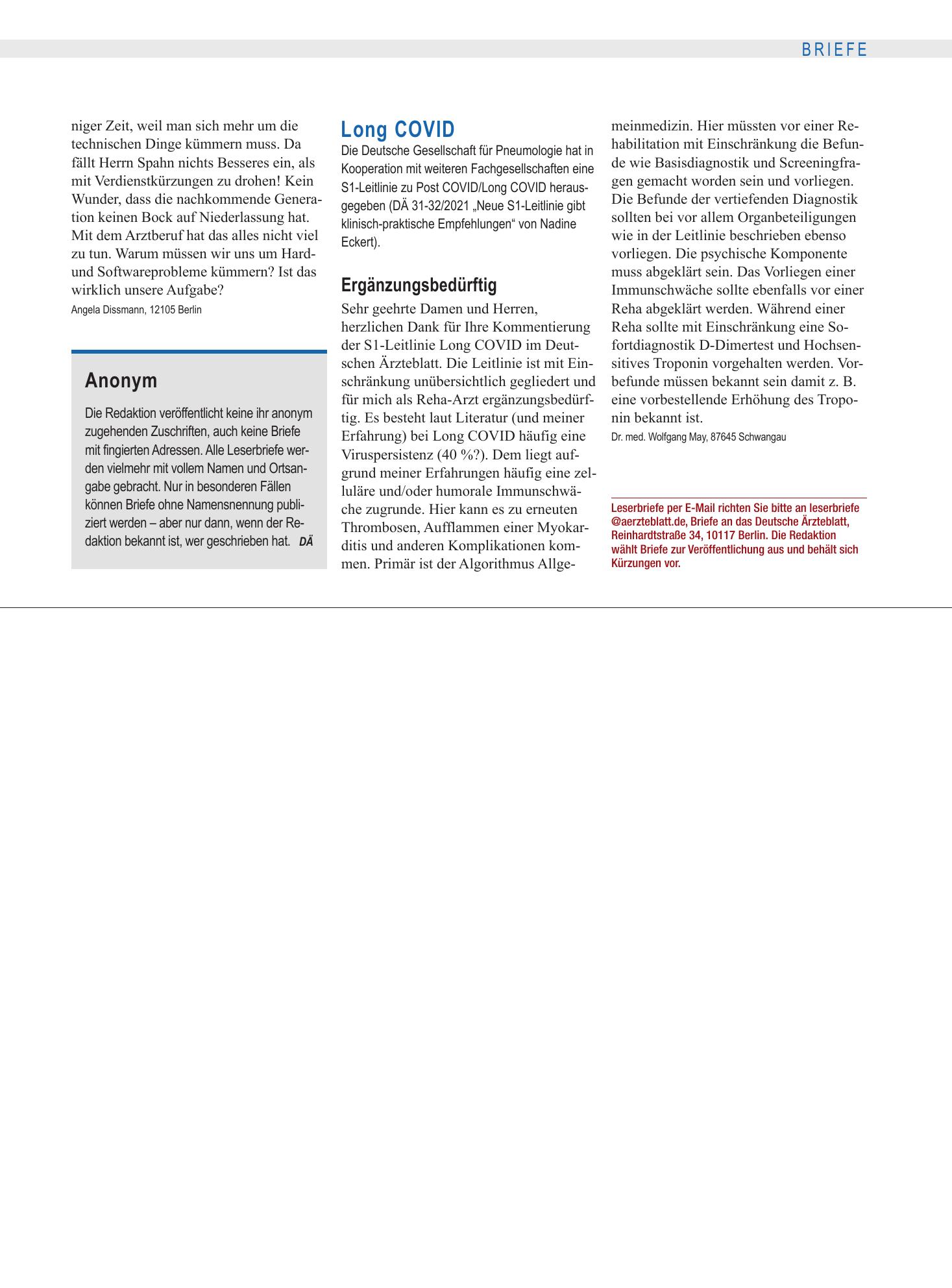 Vorschauseite 1: Long COVID: Ergänzungsbedürftig – Deutsches Ärzteblatt
