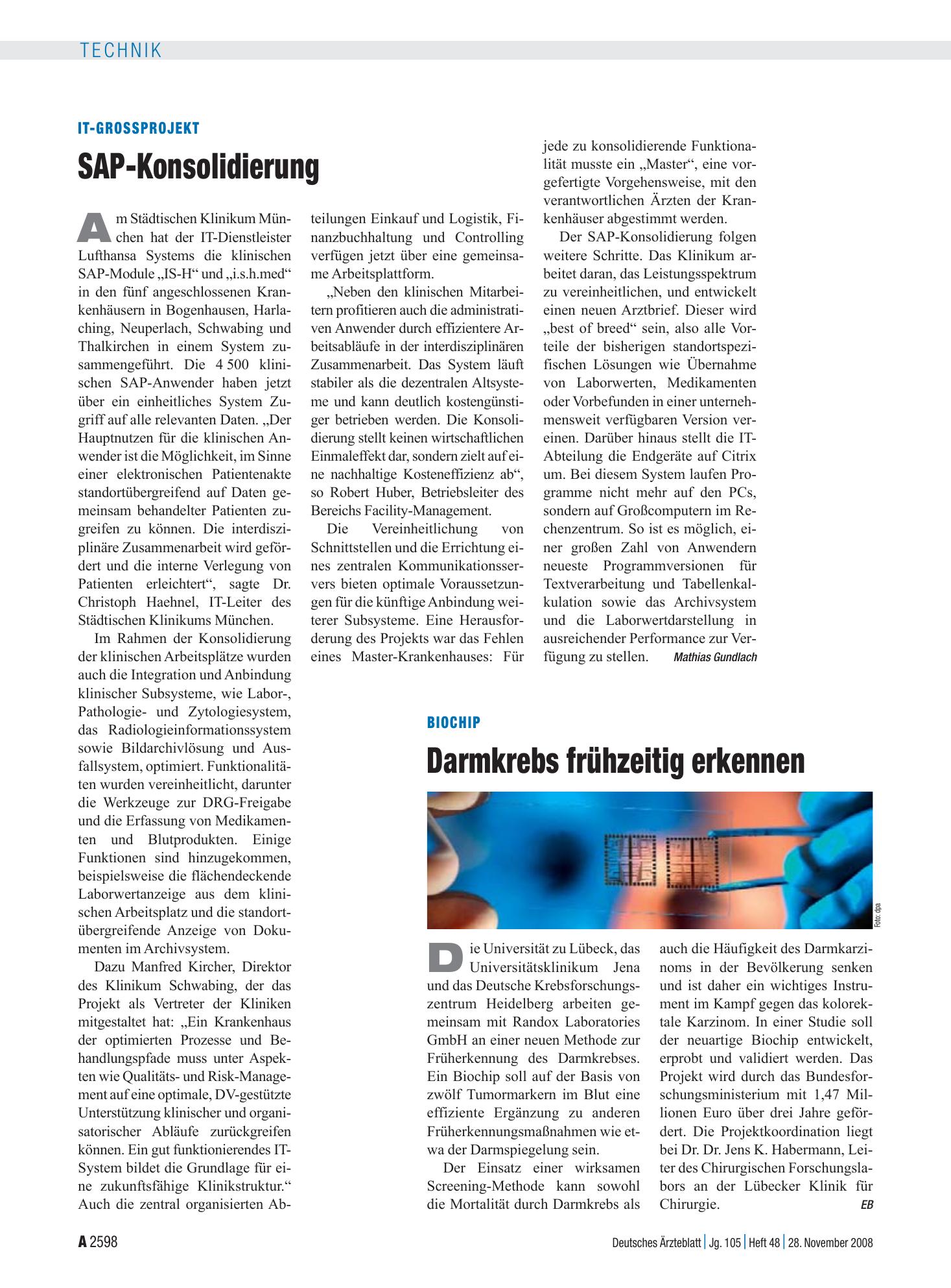 Vorschauseite 1: Biochip: Darmkrebs frühzeitig erkennen – Deutsches Ärzteblatt