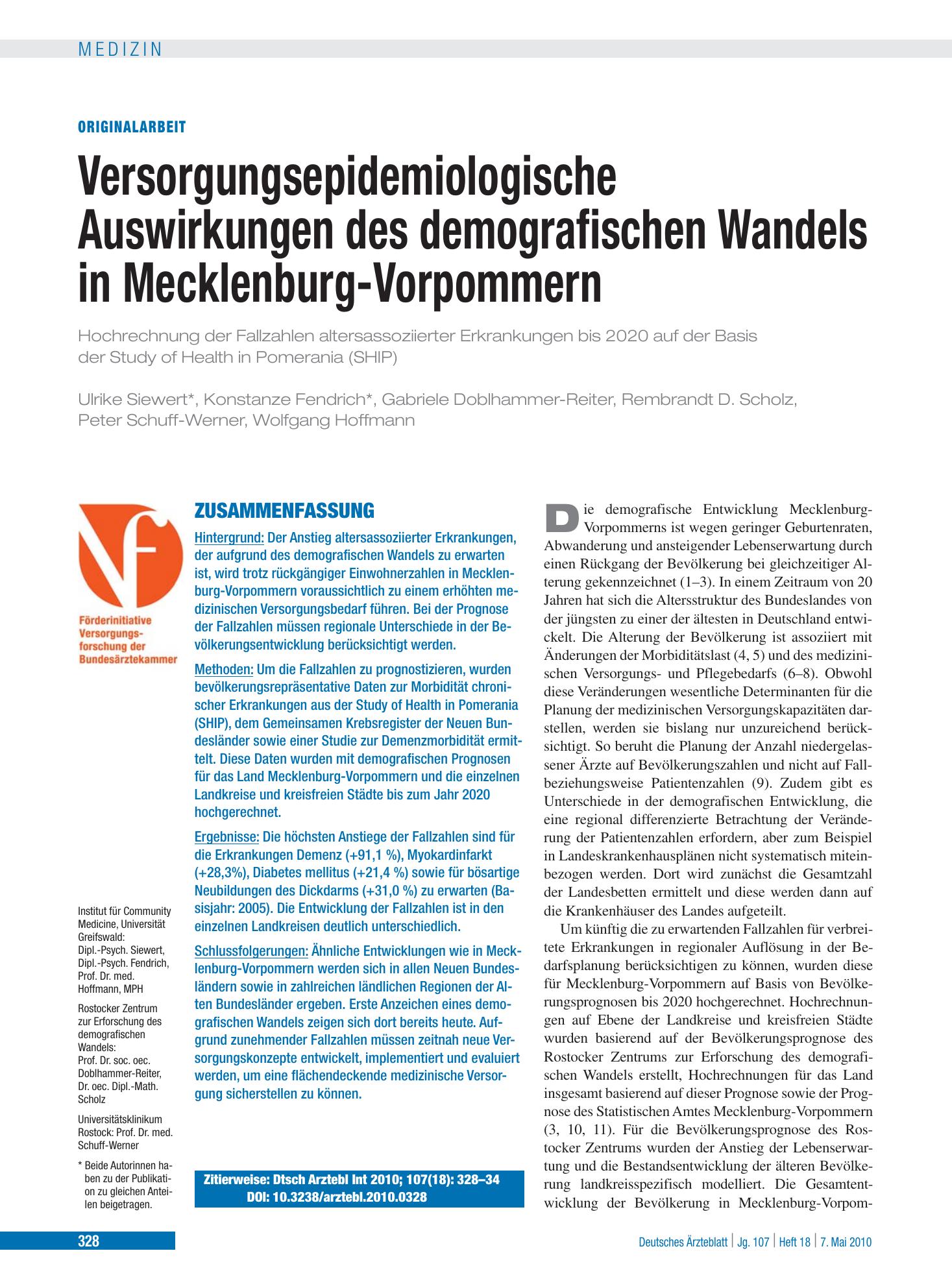Vorschauseite 1: Versorgungsepidemiologische Auswirkungen des demografischen Wandels in Mecklenburg-Vorpommern – Deutsches Ärzteblatt