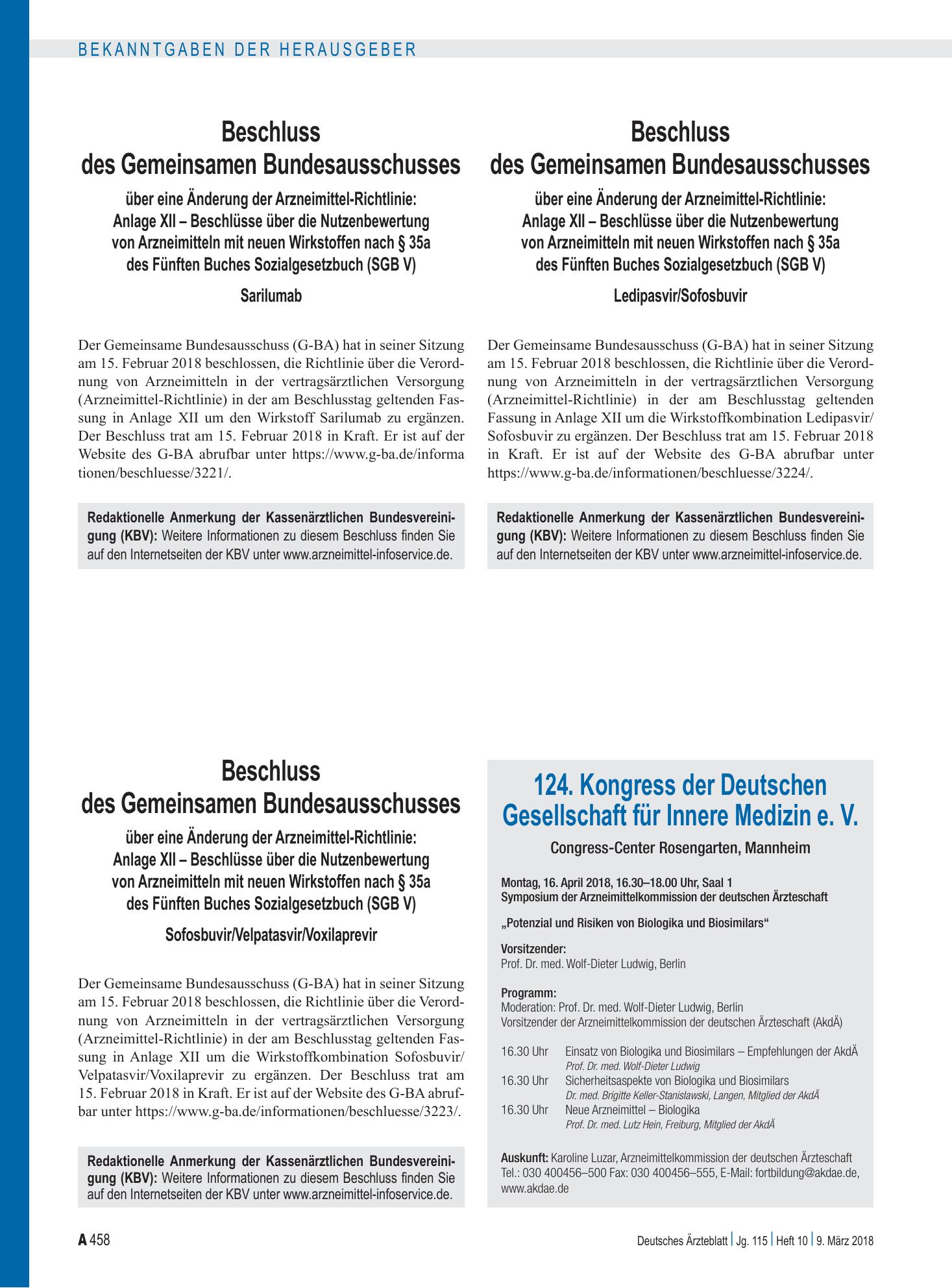 Vorschauseite 1: Beschluss des Gemeinsamen Bundesausschusses über eine Änderung der Arzneimittel-Richtlinie: Anlage XII – Ledipasvir/Sofosbuvir – Deutsches Ärzteblatt