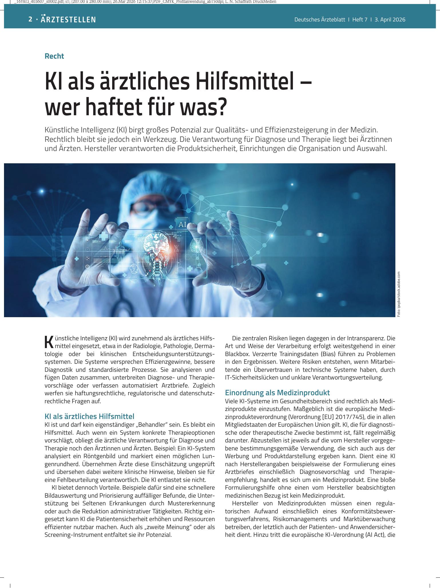 Vorschauseite 1: Recht: KI als ärztliches Hilfsmittel – wer haftet für was? – Deutsches Ärzteblatt