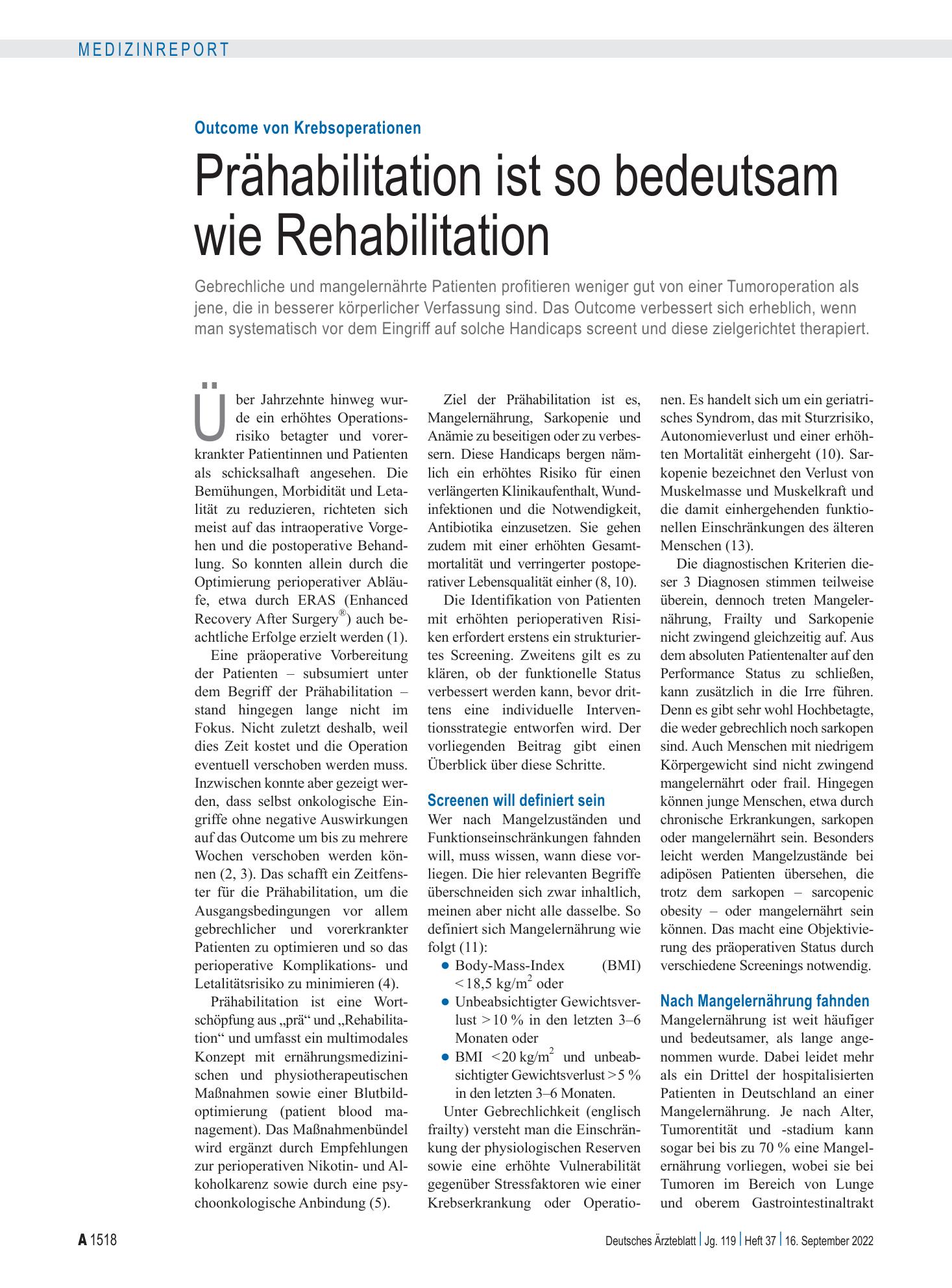 Vorschauseite 1: Outcome von Krebsoperationen: Prähabilitation ist so bedeutsam wie Rehabilitation – Deutsches Ärzteblatt