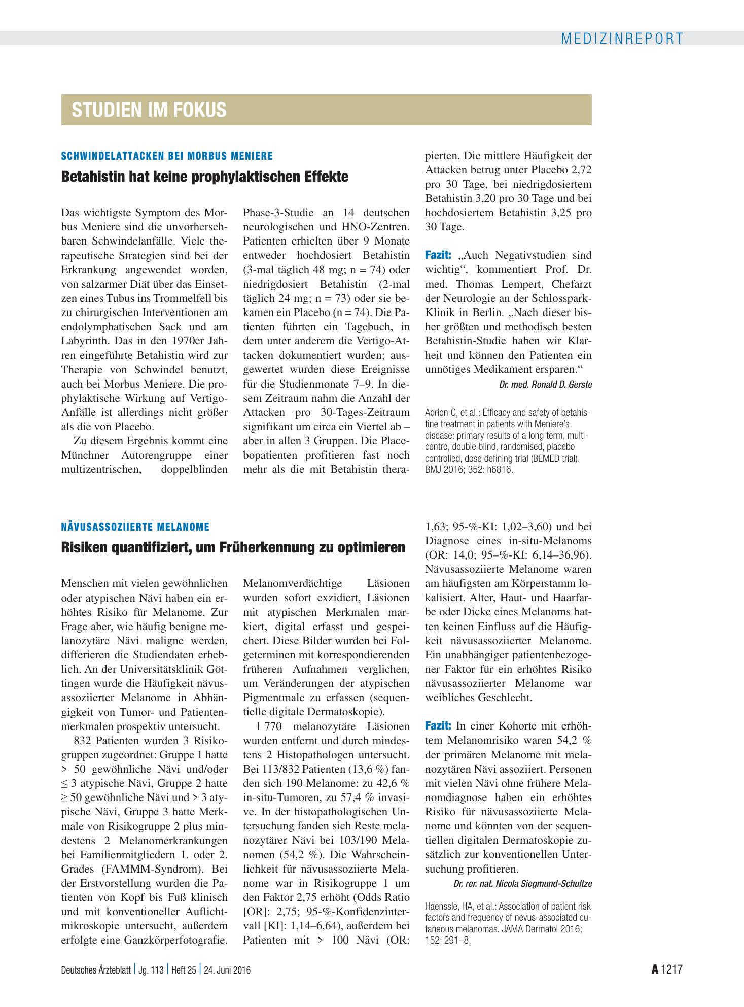 Vorschauseite 1: Schwindelattacken bei Morbus Meniere: Betahistin hat keine prophylaktischen Effekte – Deutsches Ärzteblatt