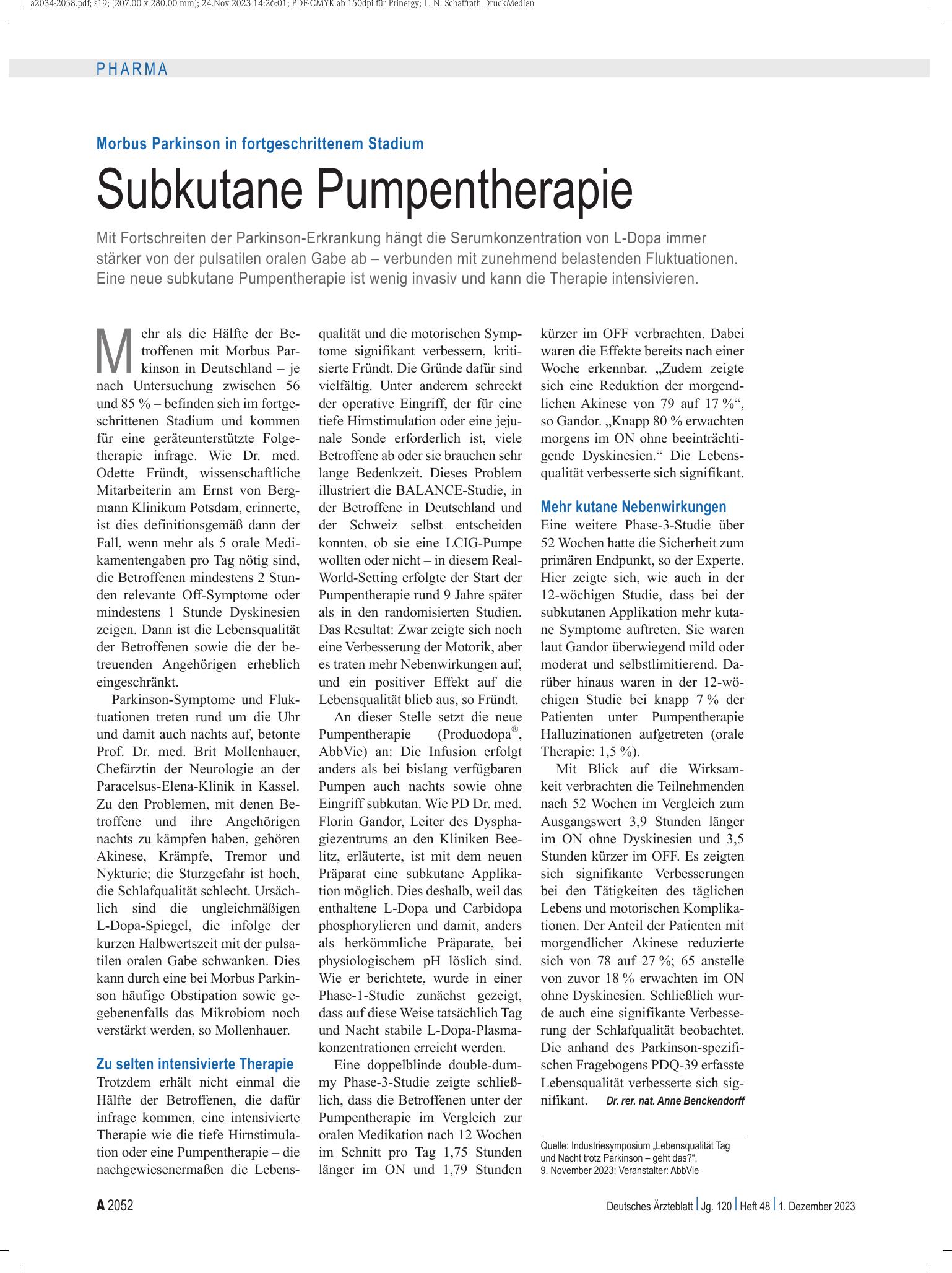Vorschauseite 1: Morbus Parkinson in fortgeschrittenem Stadium: Subkutane Pumpentherapie – Deutsches Ärzteblatt